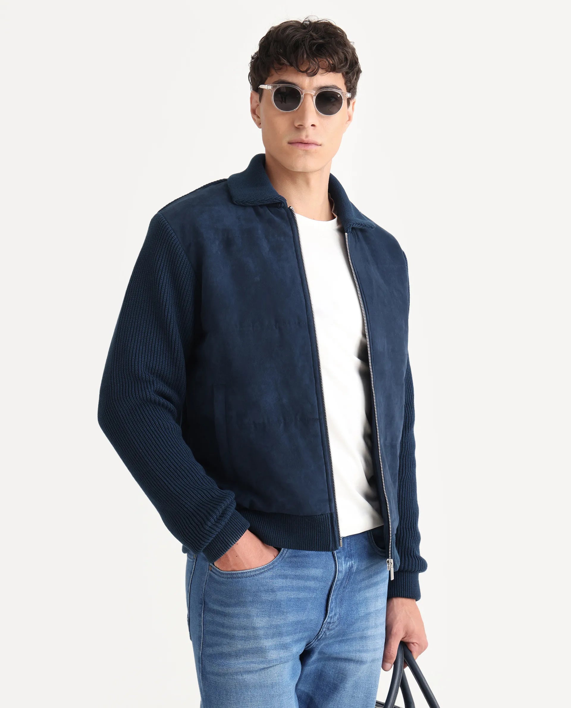 Buy Rodeo - Navy High Winter Sude Cut And Sew Jacket| Rare Rabbit