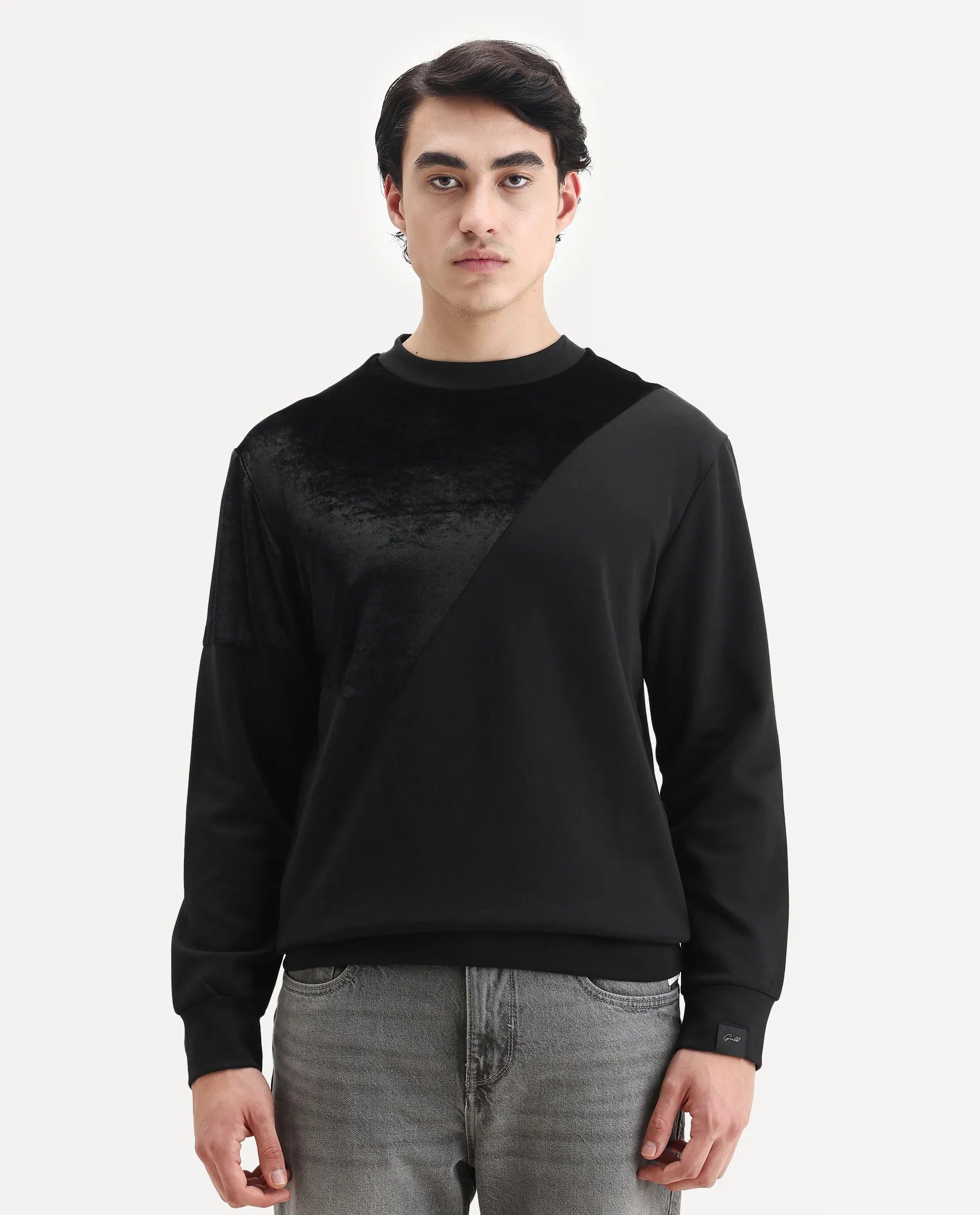 Rare Rabbit Men's Roe Black Velvet Cut And Sew Regular Fit Full Sleeve Crew Neck Sweatshirt