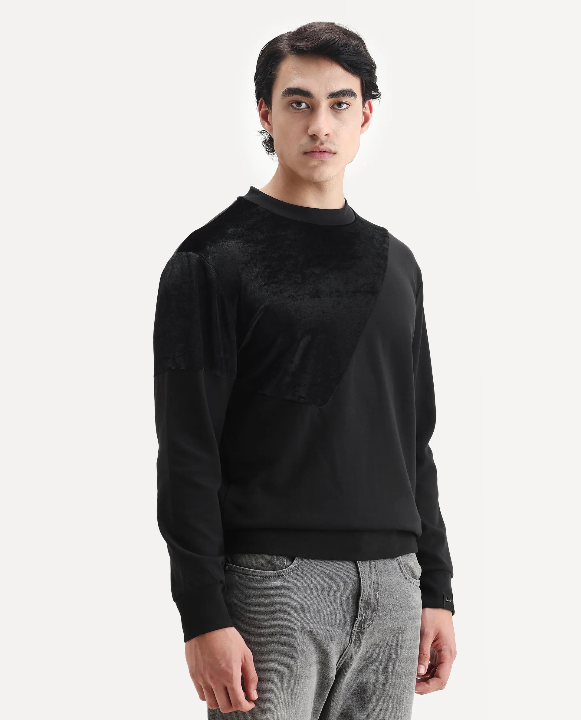 Rare Rabbit Men's Roe Black Velvet Cut And Sew Regular Fit Full Sleeve Crew Neck Sweatshirt