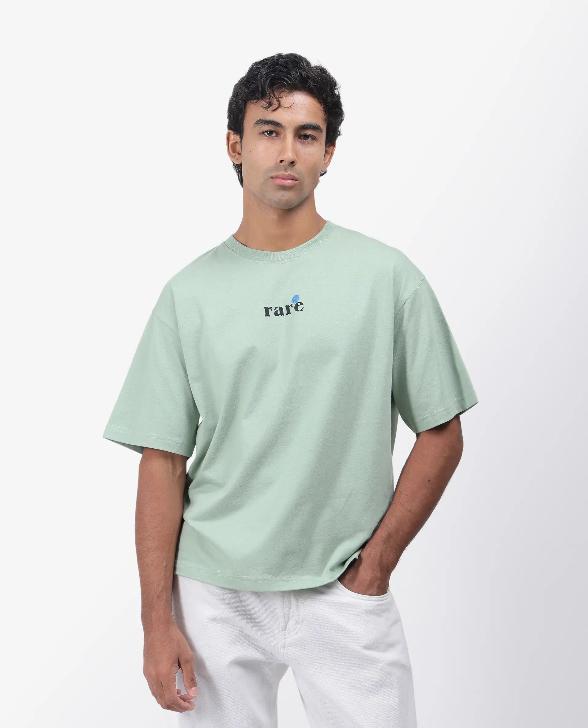 Rare Rabbit Men's Roe Green Cotton Graphic Print Oversized Fit Half Sleeve Crew Neck T-Shirt