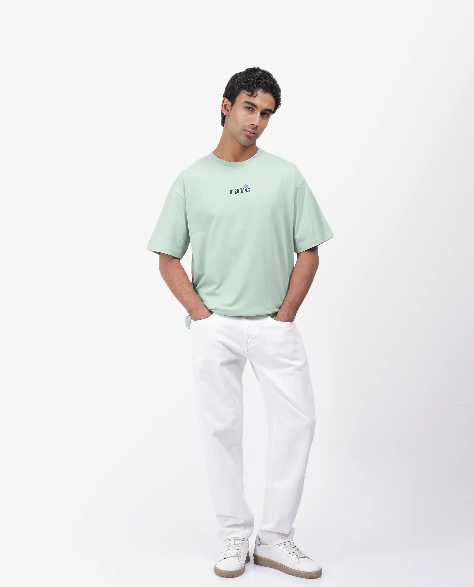 Rare Rabbit Men's Roe Green Cotton Graphic Print Oversized Fit Half Sleeve Crew Neck T-Shirt