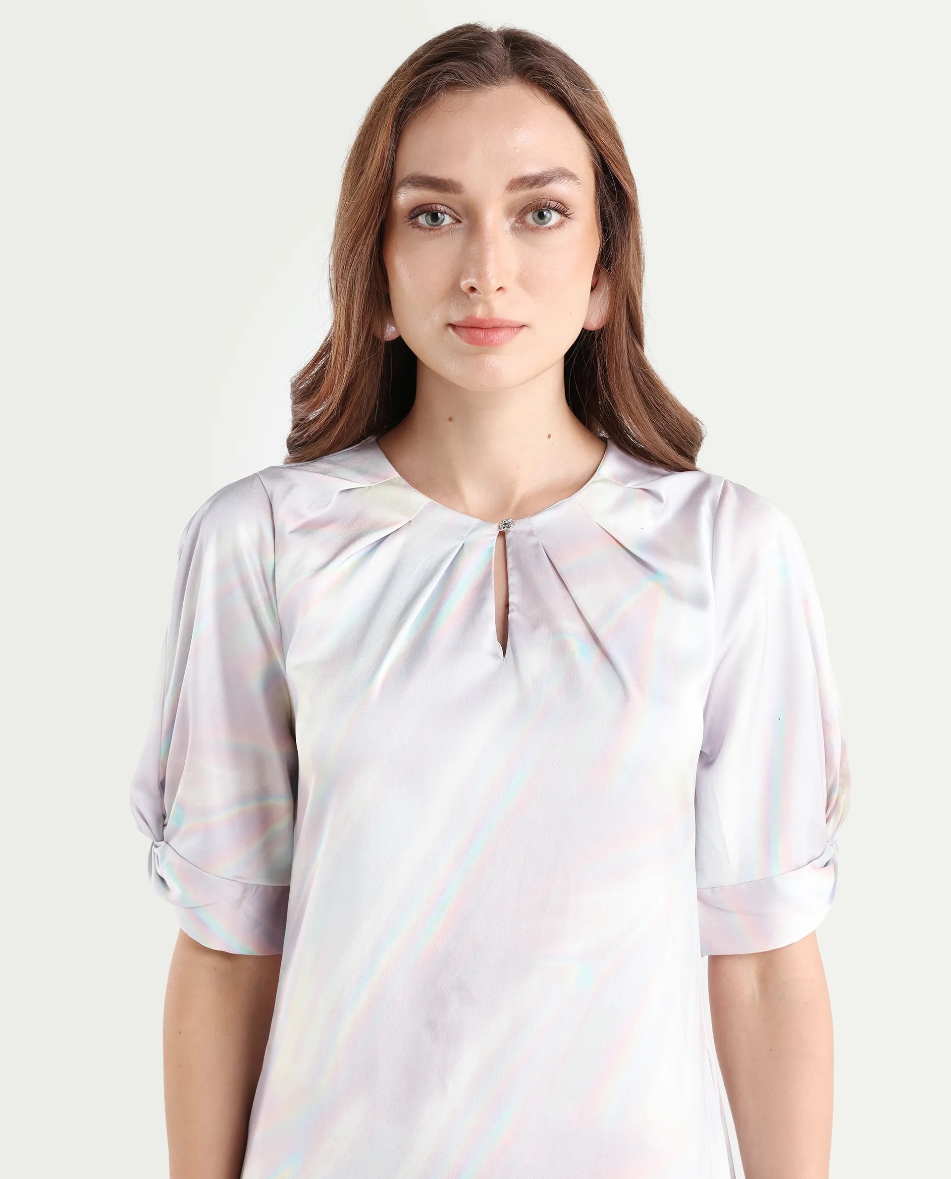 Rareism Women's Rogaz Light Multi Polyester Crew Neck Floral Print Balloon Sleeve Midi Asymmetric Dress