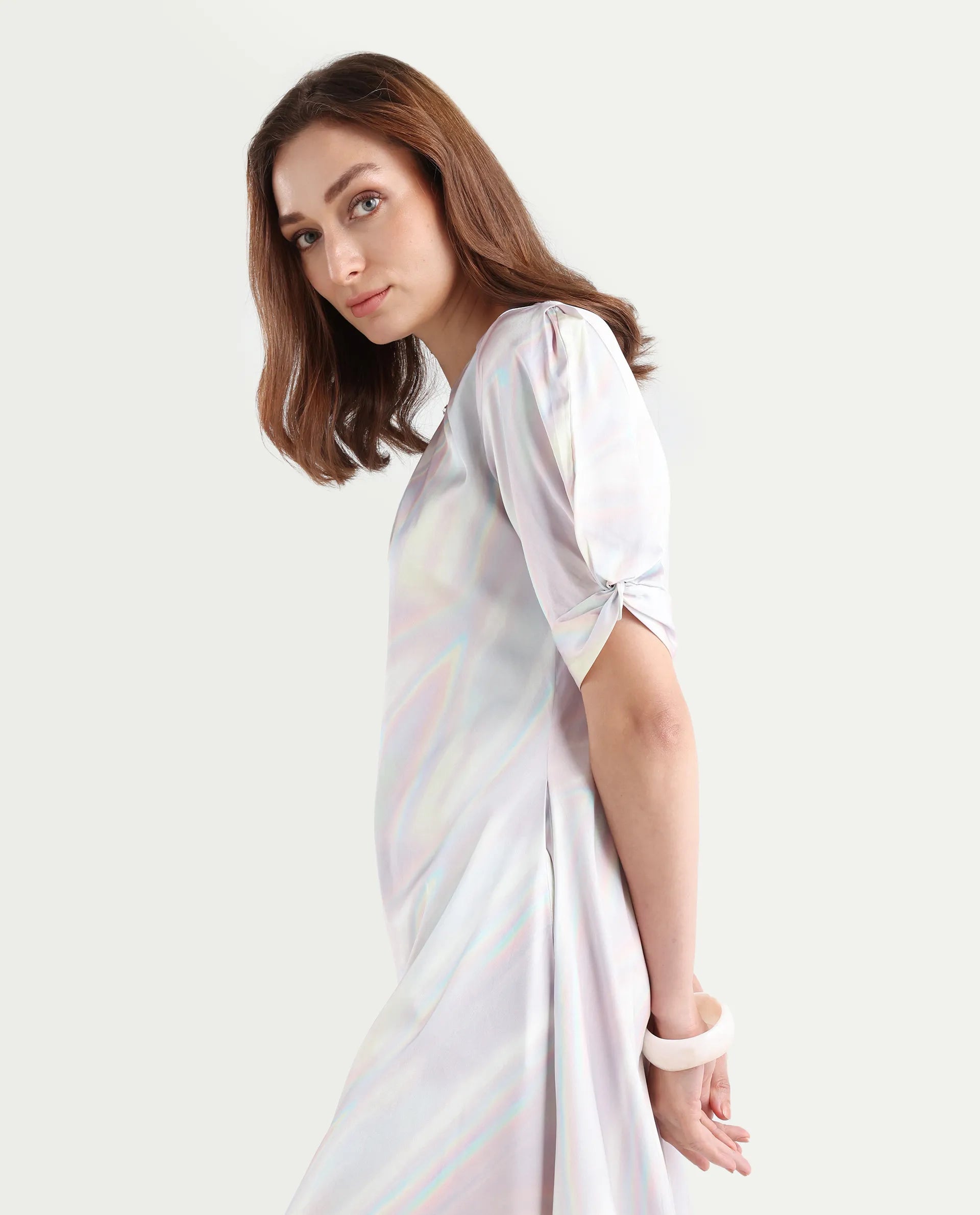 Rareism Women's Rogaz Light Multi Polyester Crew Neck Floral Print Balloon Sleeve Midi Asymmetric Dress