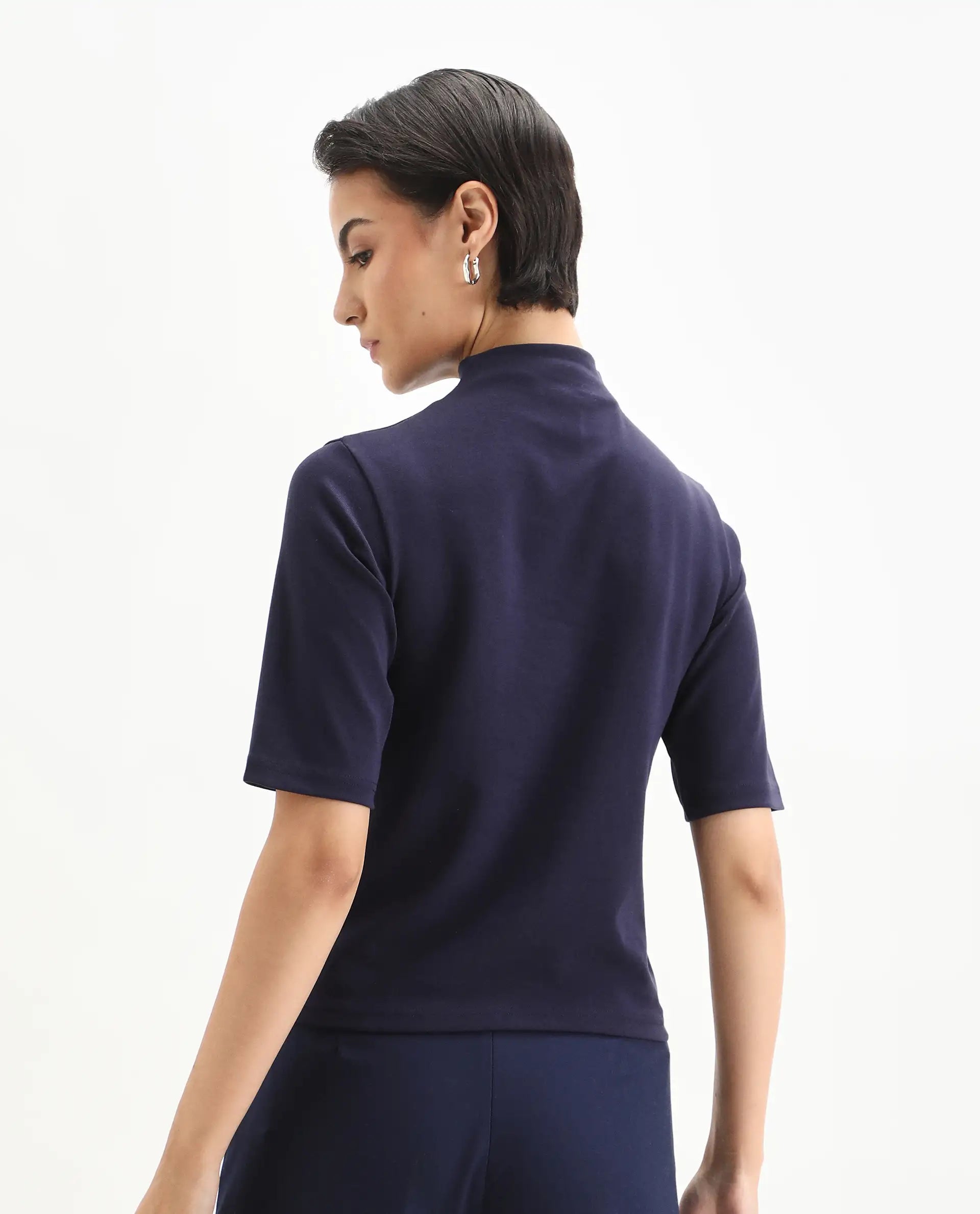 Rareism Women's Rohdrio Dusky Purple Cotton Blend Polo Neck Plain Regular Fit Top