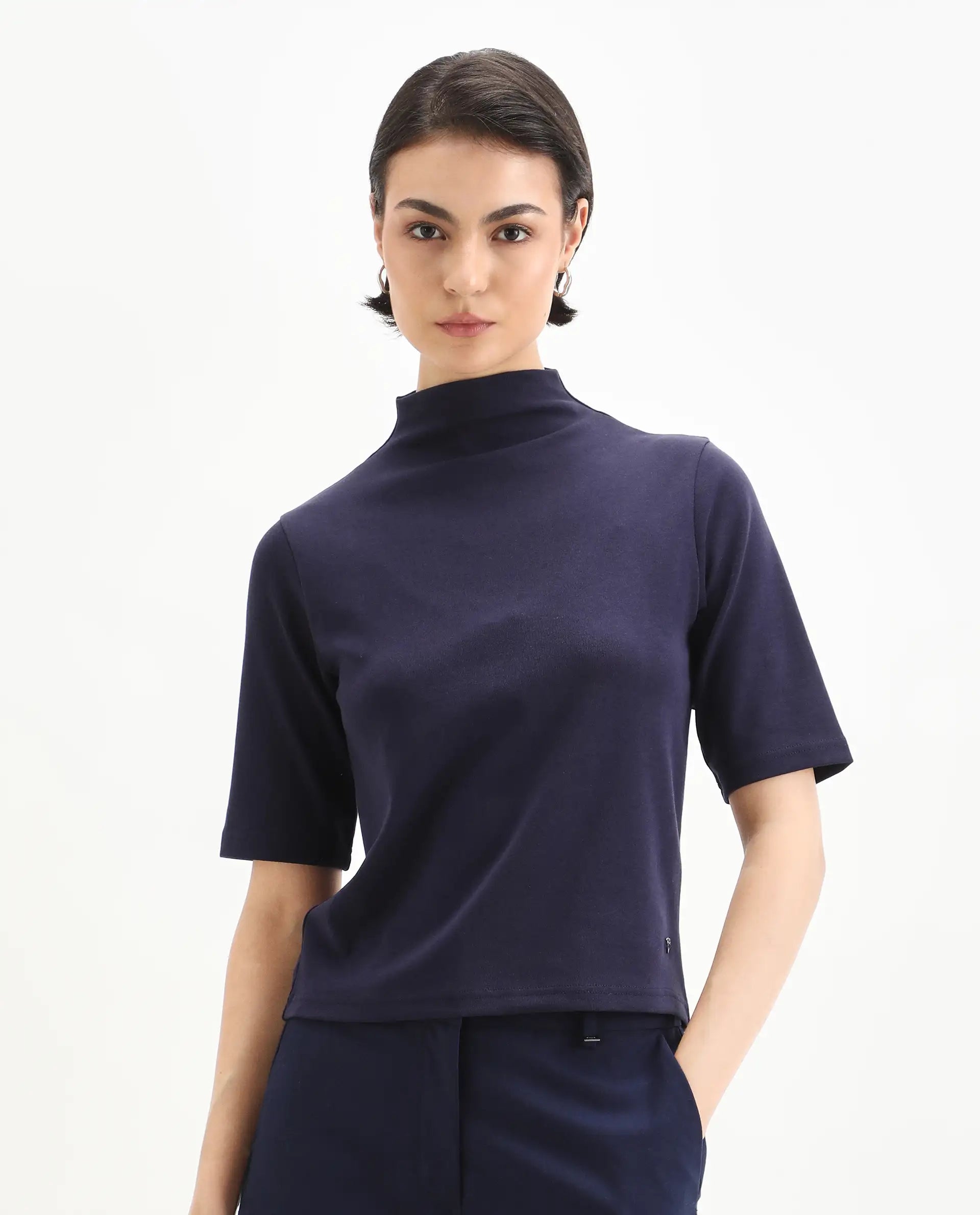 Rareism Women's Rohdrio Dusky Purple Cotton Blend Polo Neck Plain Regular Fit Top