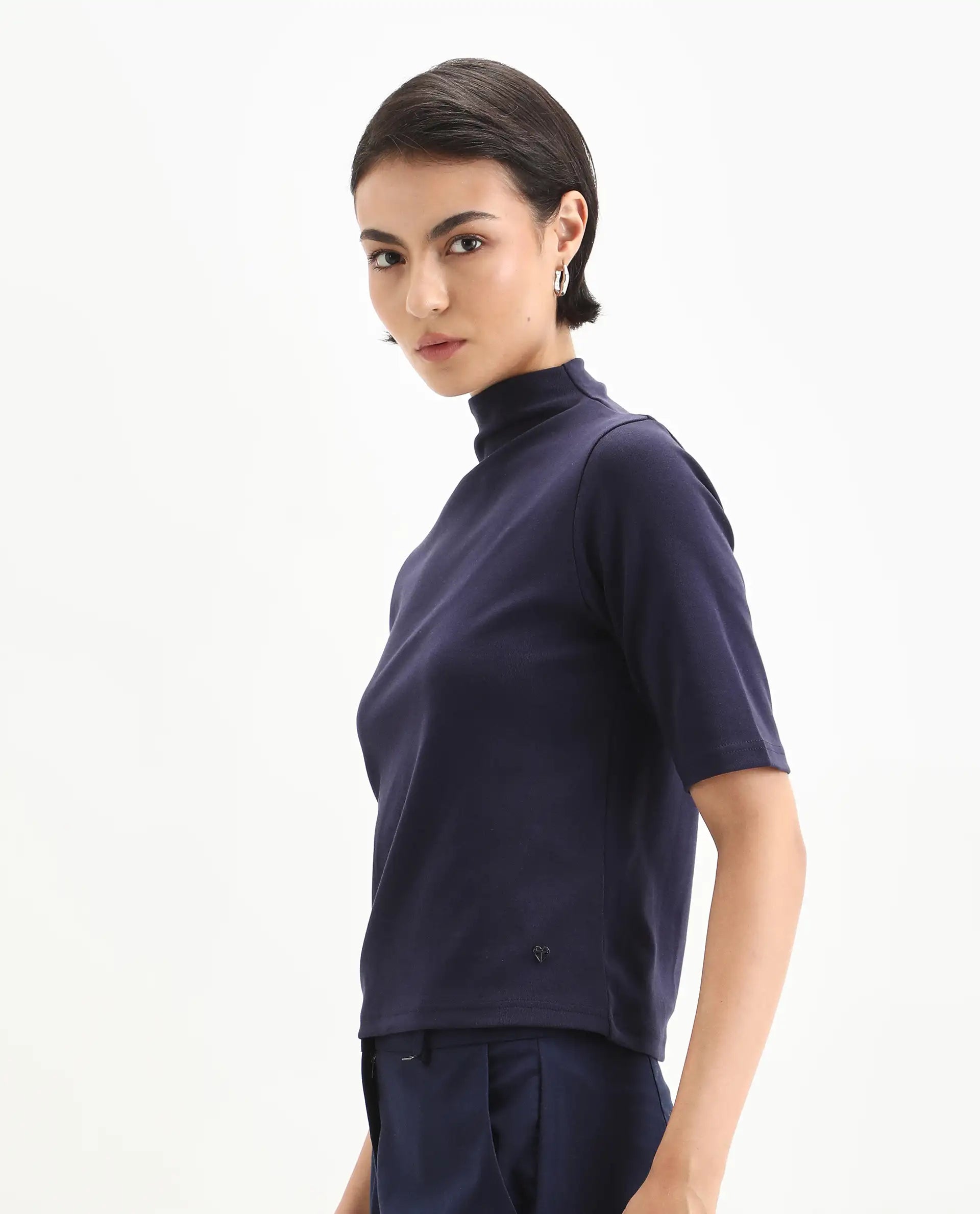 Rareism Women's Rohdrio Dusky Purple Cotton Blend Polo Neck Plain Regular Fit Top