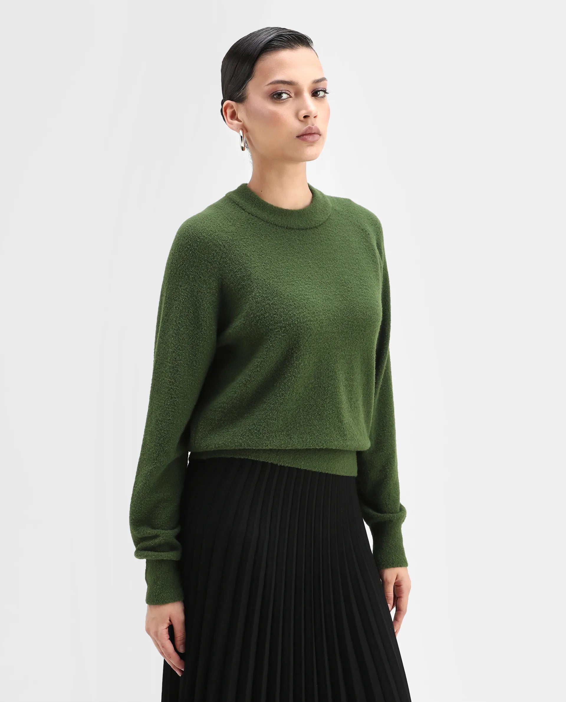 Rareism Women's Roho Dark Green Nylon Crew Neck Relaxed Fit Sweater