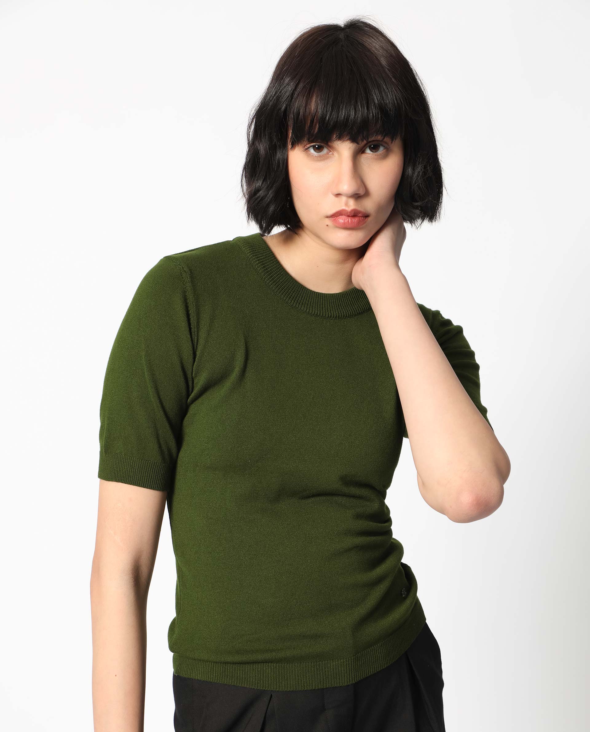 Rareism Women Rohrdo Olive Viscose Fabric Half Sleeves Regular Fit Solid Round Neck Sweater