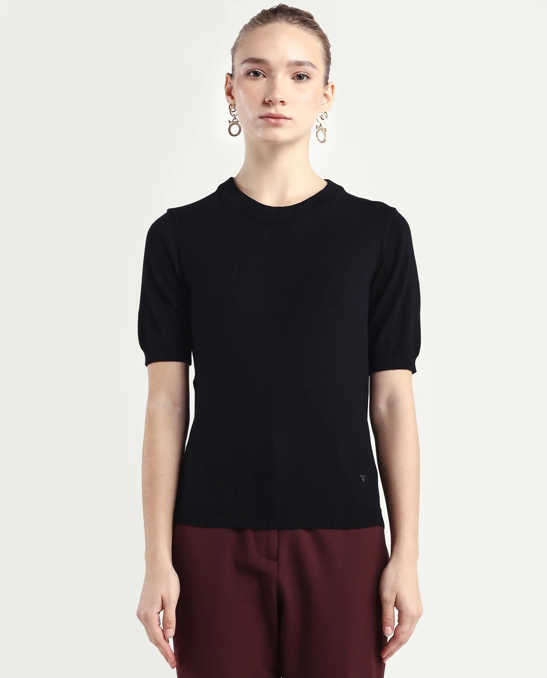 Rareism Women's Rohrdo Black Cotton Blend Crew Neck Plain Regular Fit Sweater