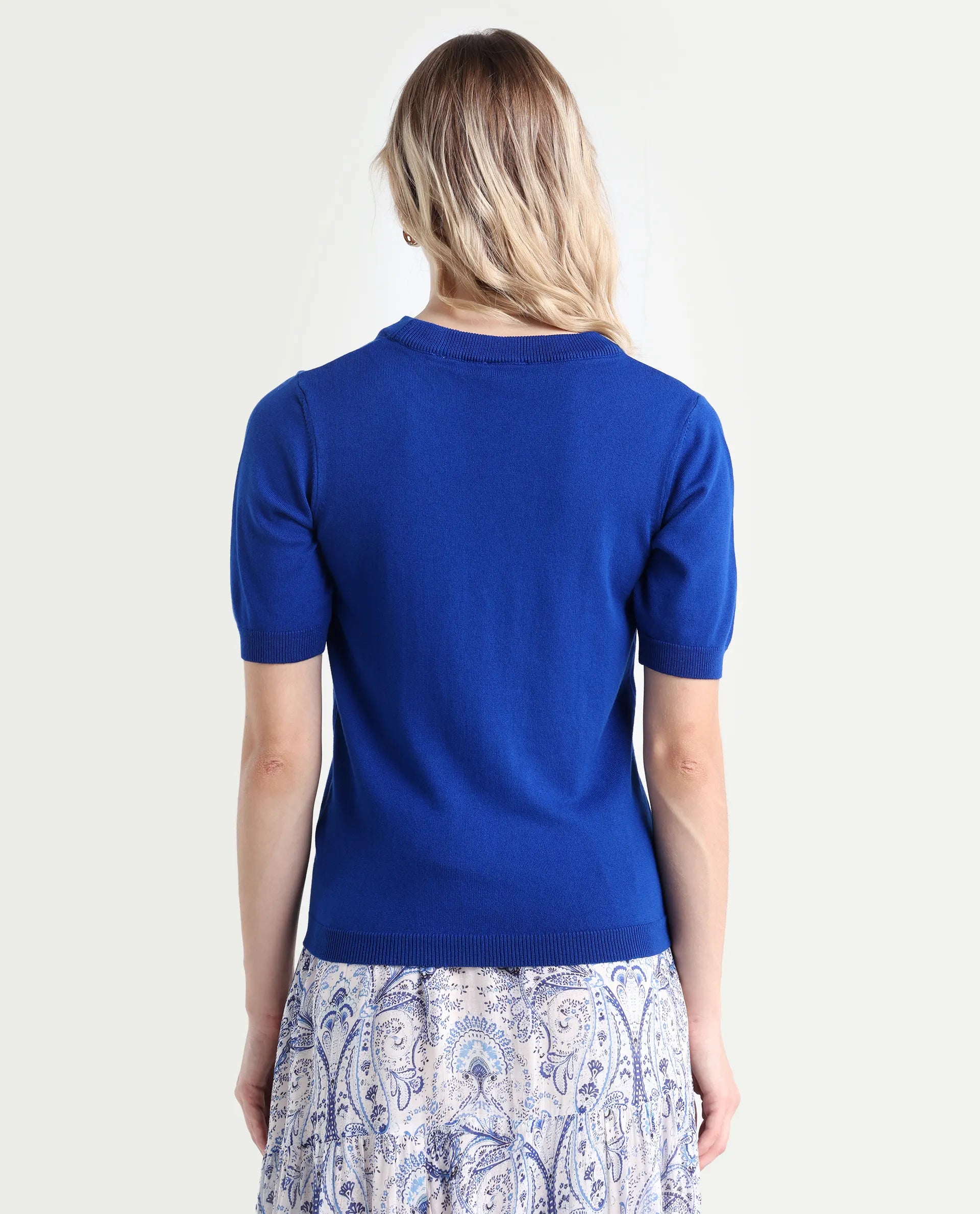 Rareism Women's Rohrdo Blue Cotton Blend Crew Neck Plain Regular Fit Sweater