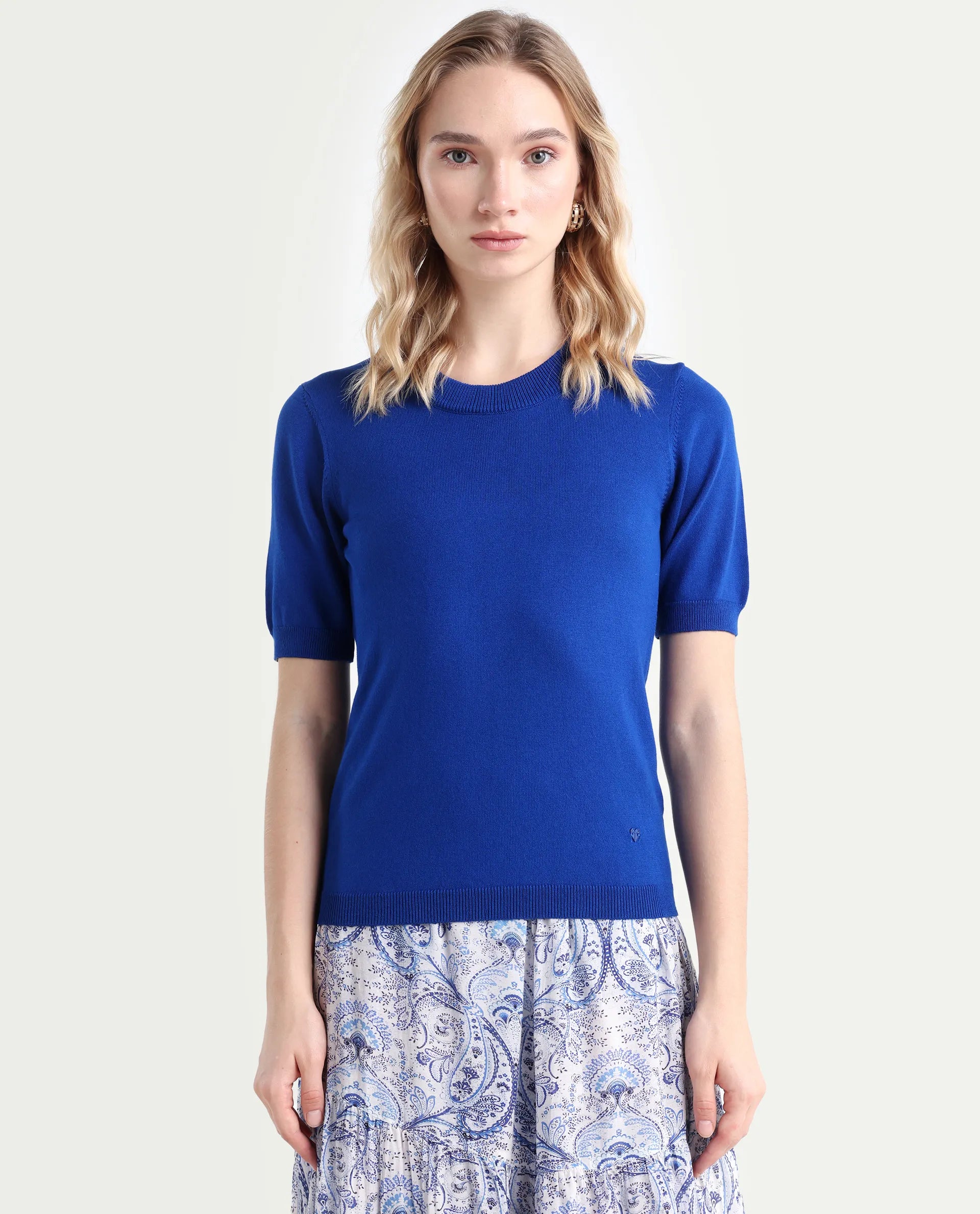 Rareism Women's Rohrdo Blue Cotton Blend Crew Neck Plain Regular Fit Sweater