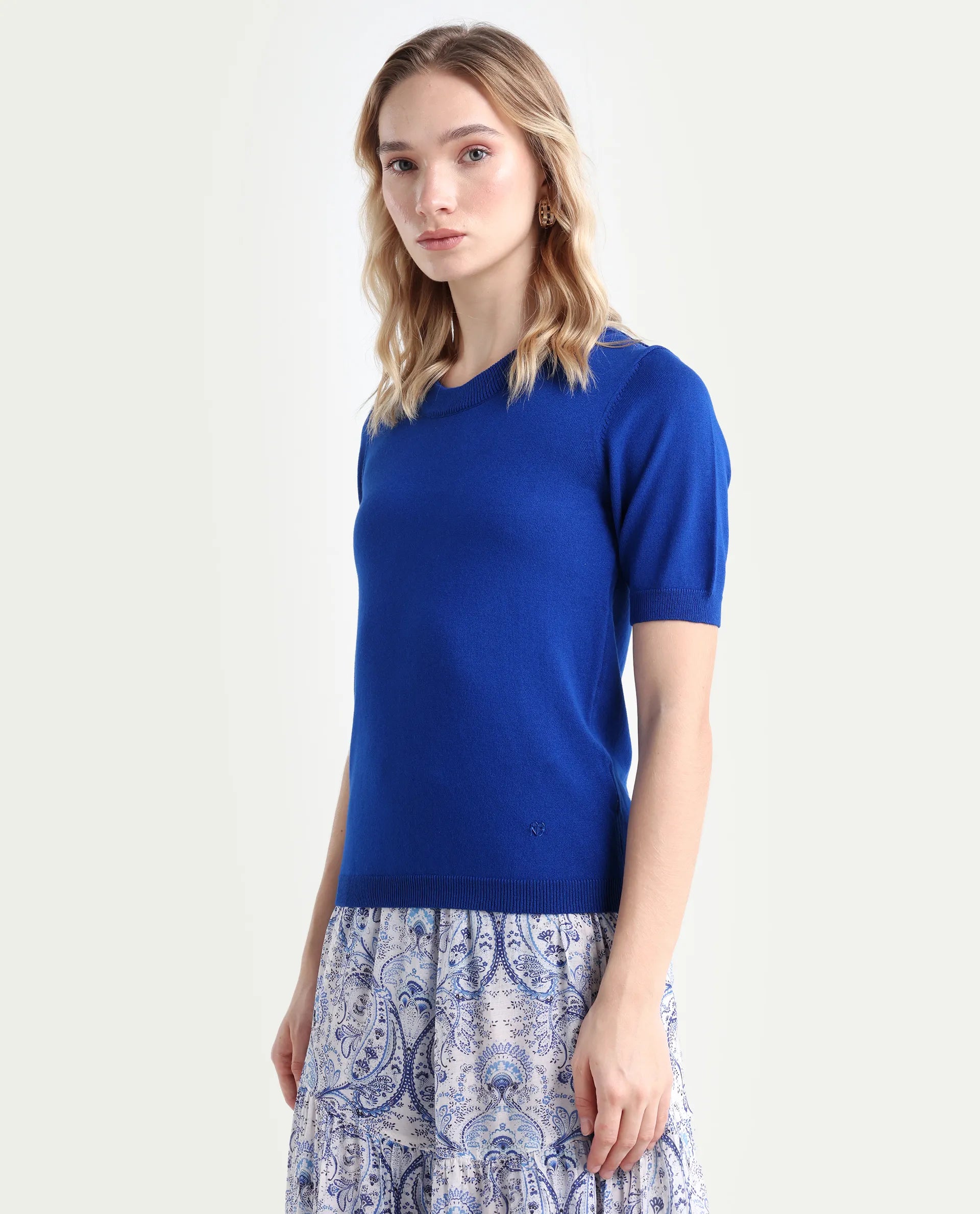 Rareism Women's Rohrdo Blue Cotton Blend Crew Neck Plain Regular Fit Sweater