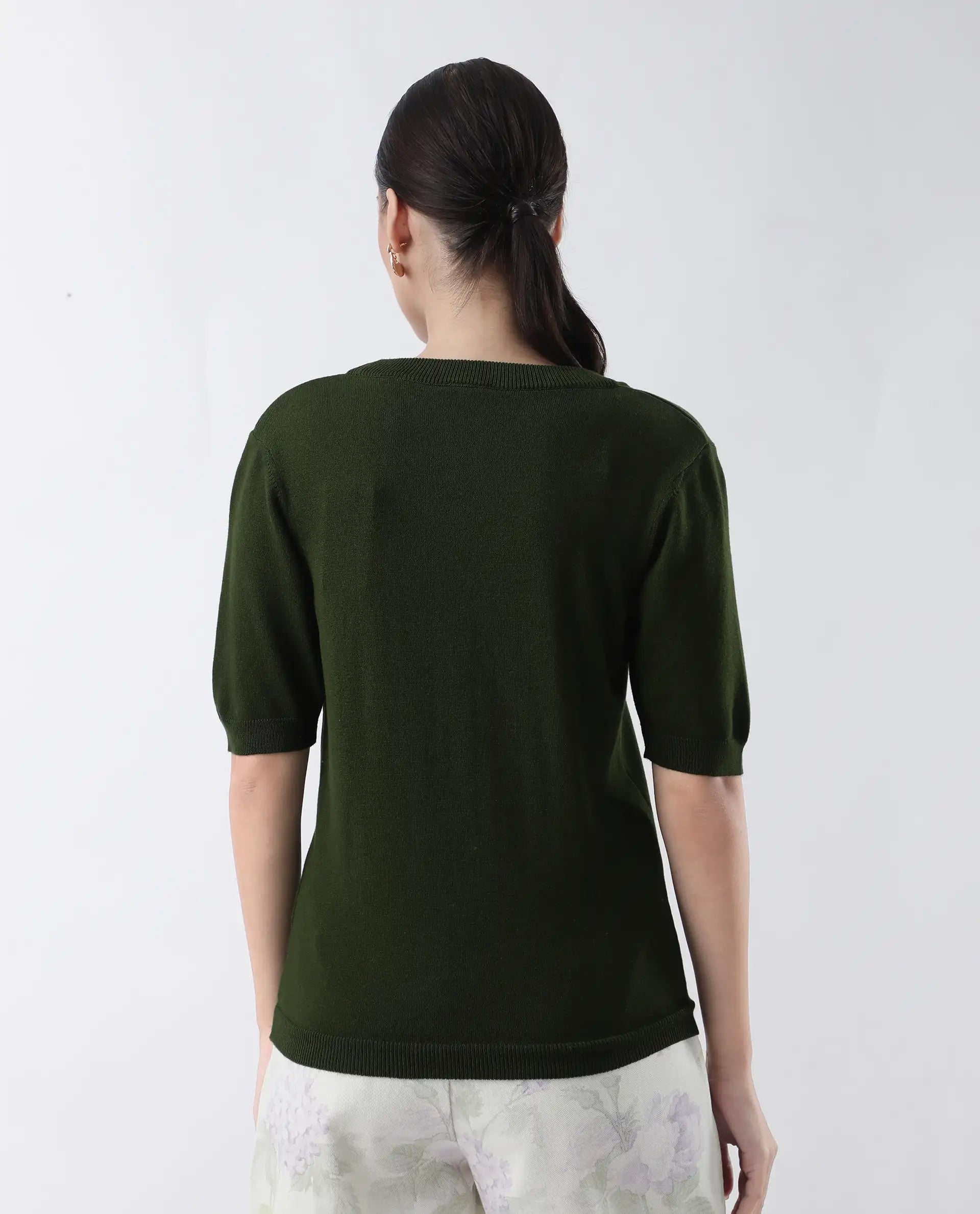 Rareism Women's Rohrdo Green Cotton Blend Crew Neck Plain Regular Fit Sweater