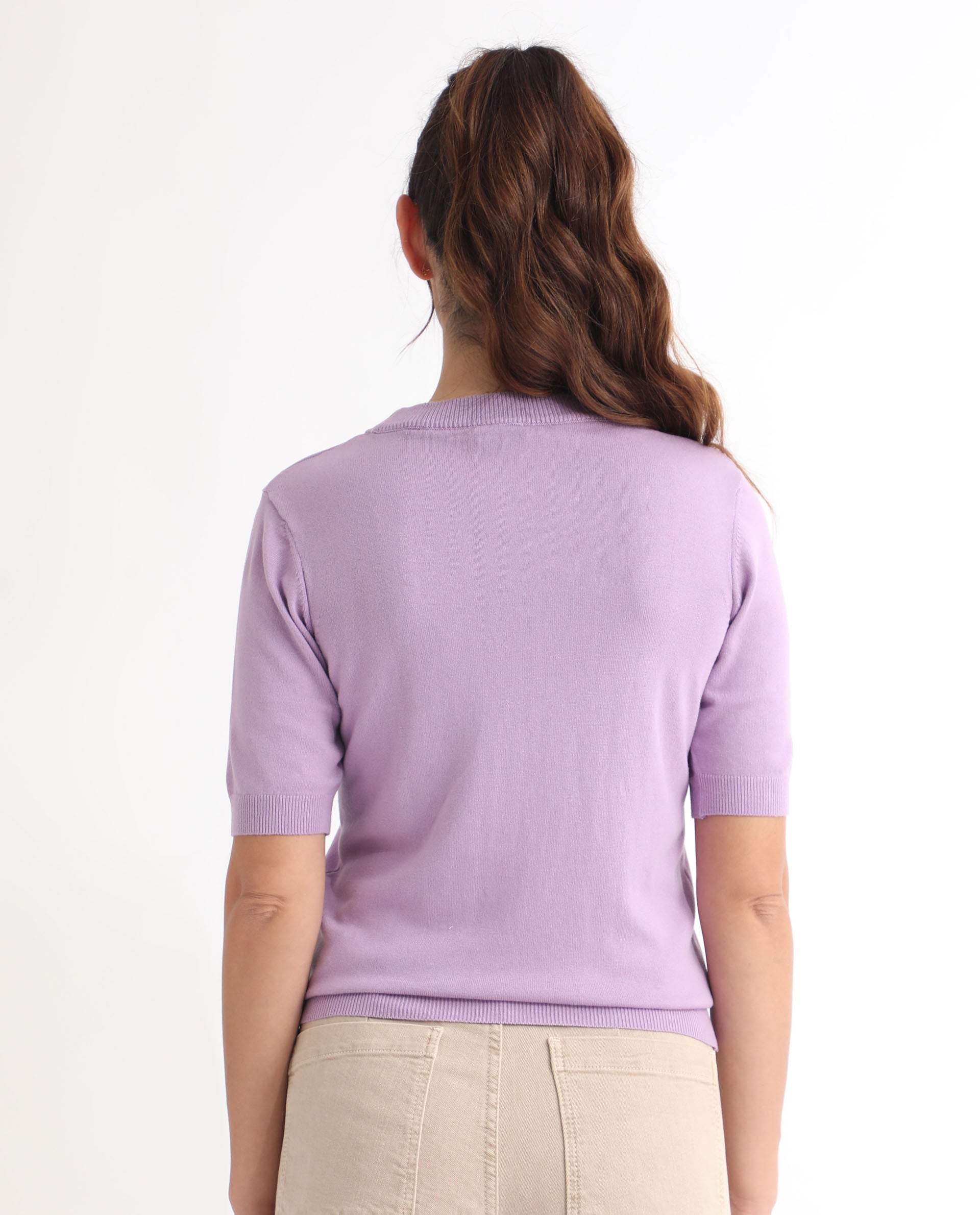 Rareism Women Rohrdo Pastel Purple Viscose Fabric Short Sleeves Round Neck Regular Fit Plain Sweater