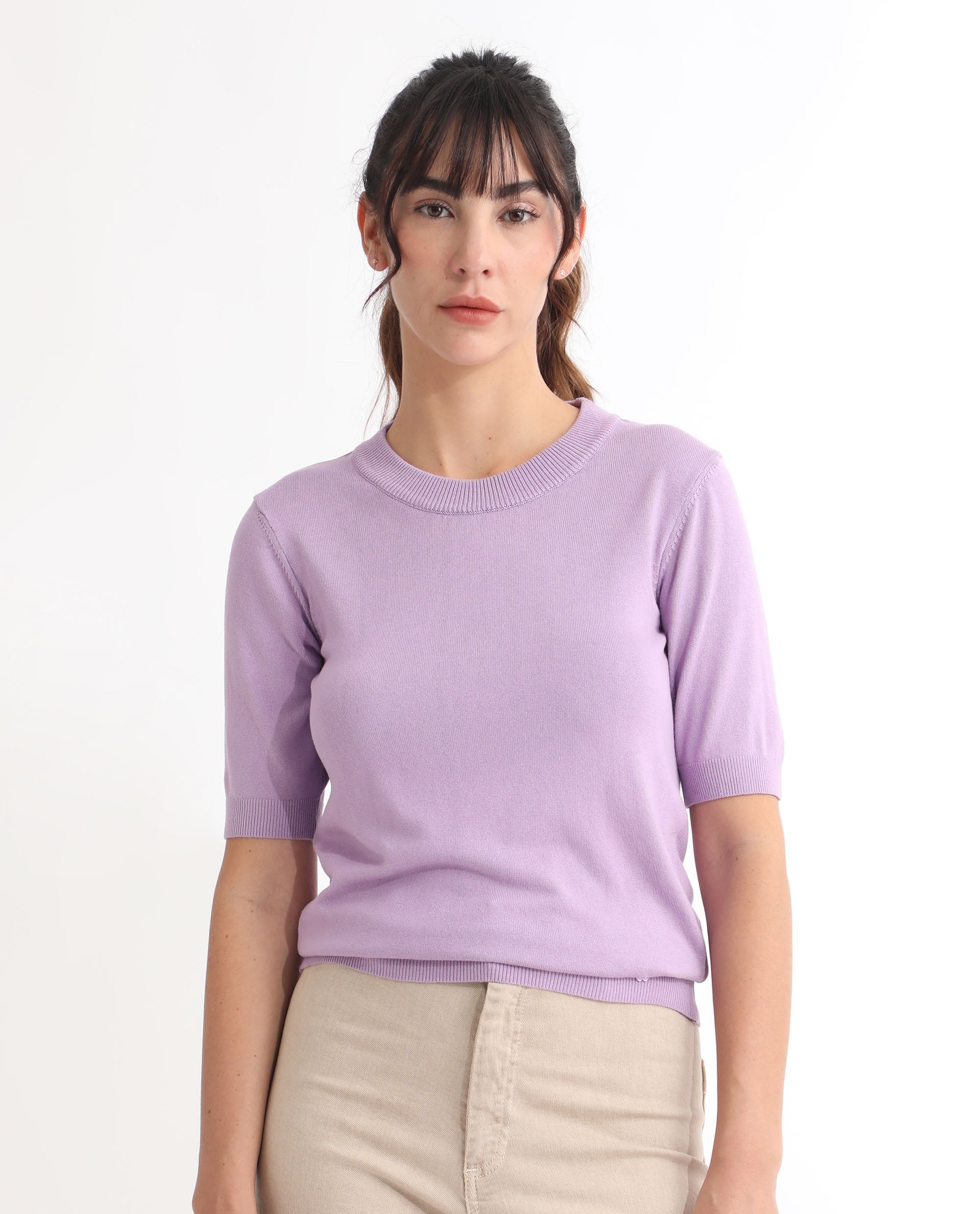 Rareism Women Rohrdo Pastel Purple Viscose Fabric Short Sleeves Round Neck Regular Fit Plain Sweater