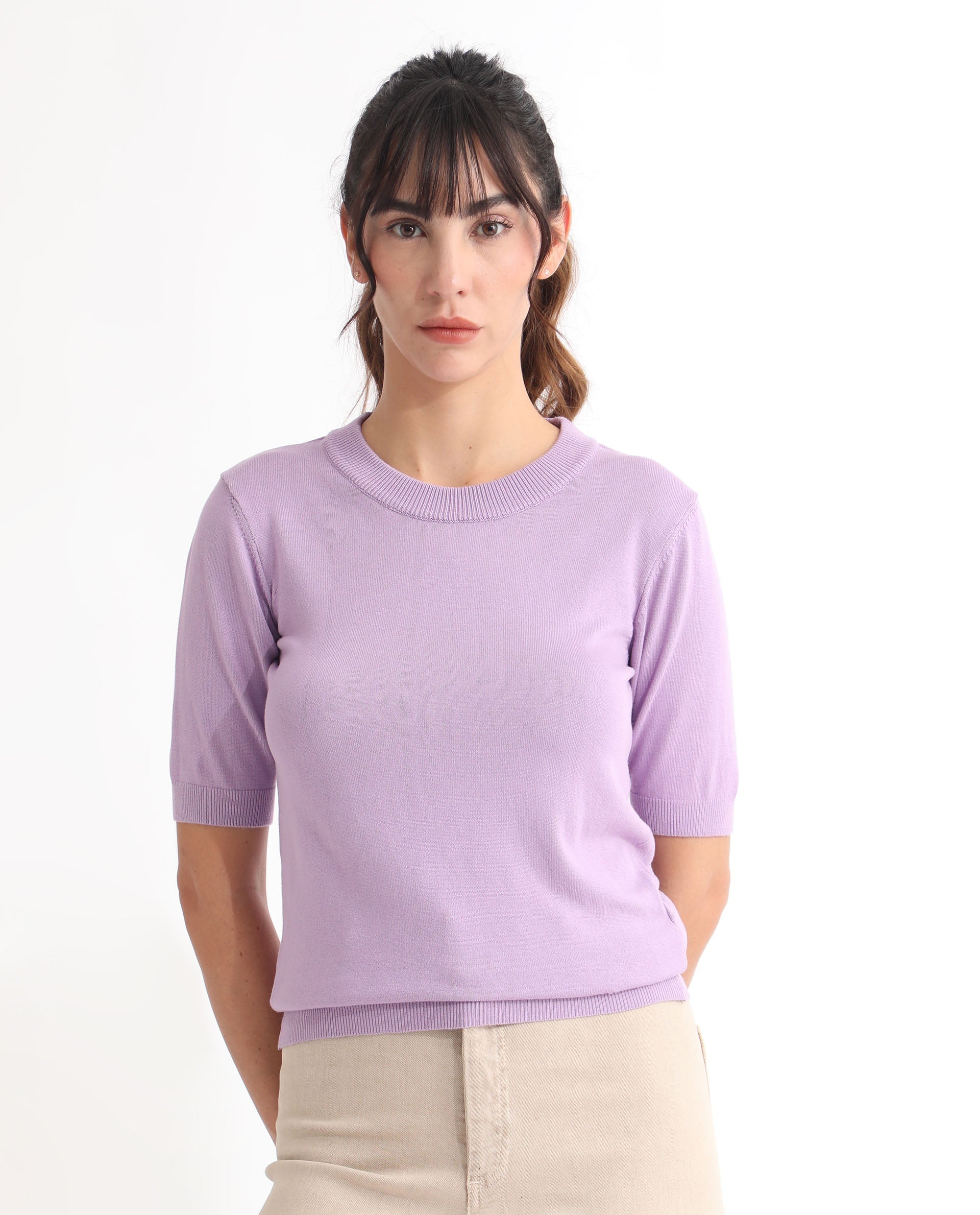 Rareism Women Rohrdo Pastel Purple Viscose Fabric Short Sleeves Round Neck Regular Fit Plain Sweater