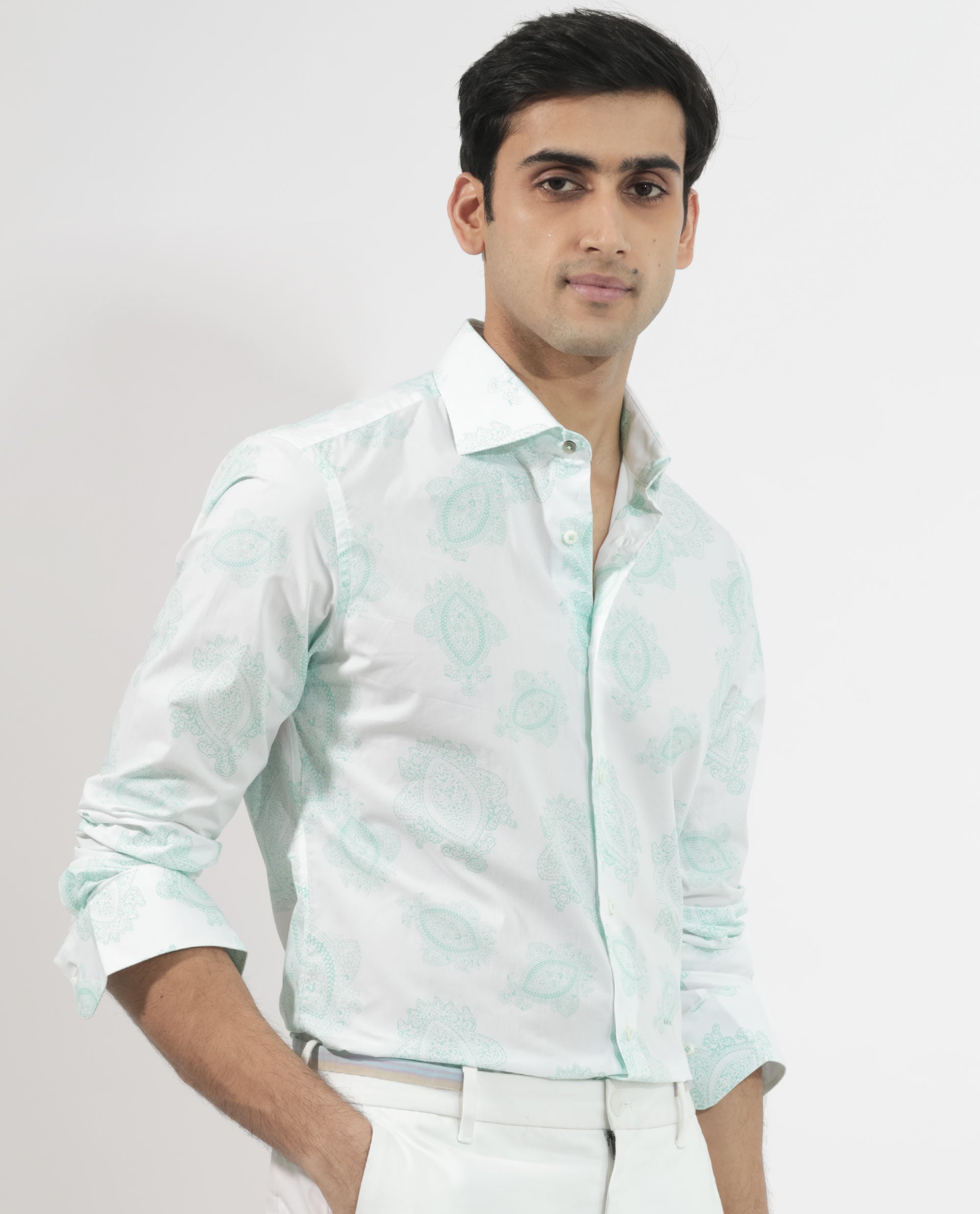 Rare Rabbit Men's Rojackk Turq Cotton Fabric Paisley Print Full Sleeves Shirt