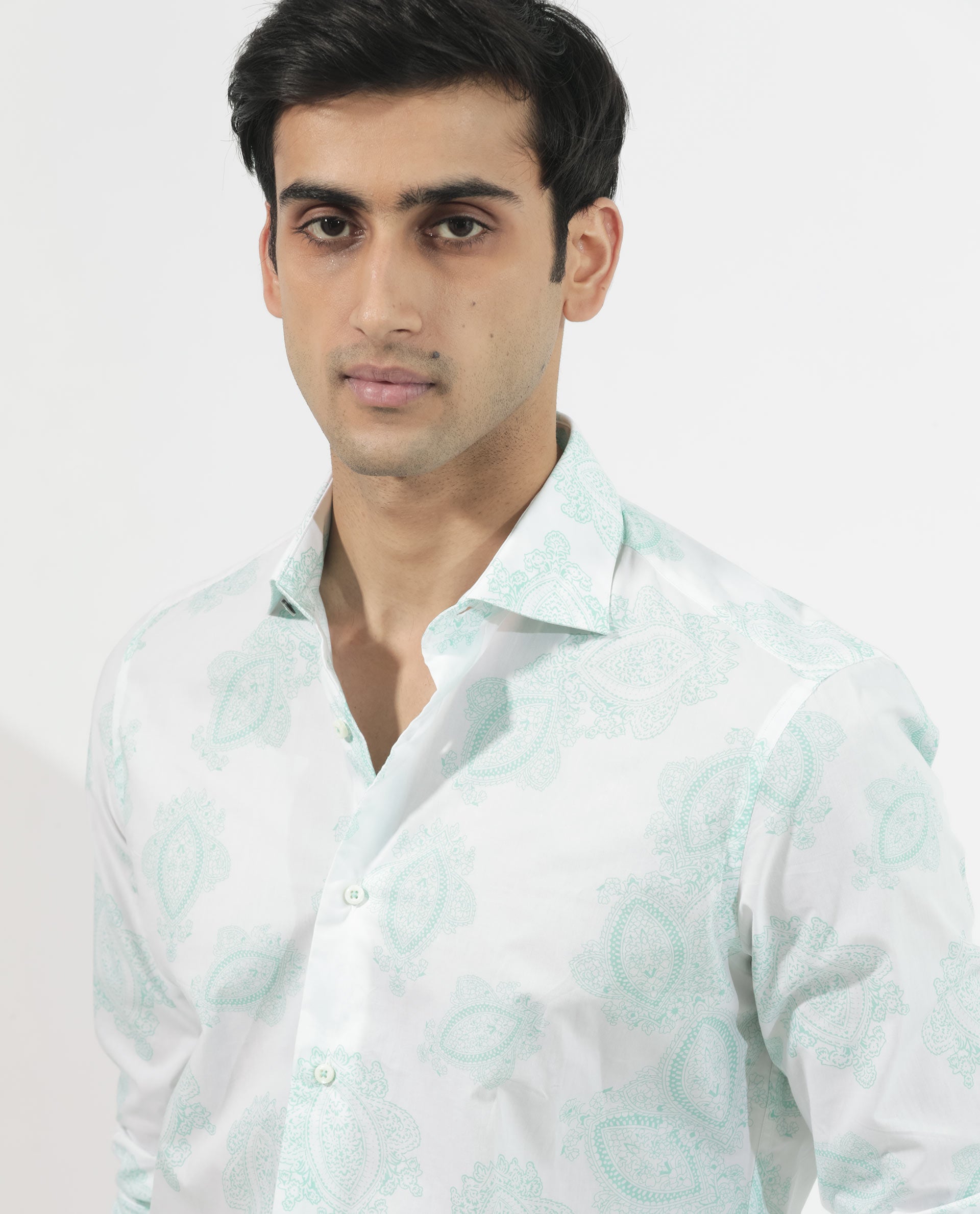 Rare Rabbit Men's Rojackk Turq Cotton Fabric Paisley Print Full Sleeves Shirt