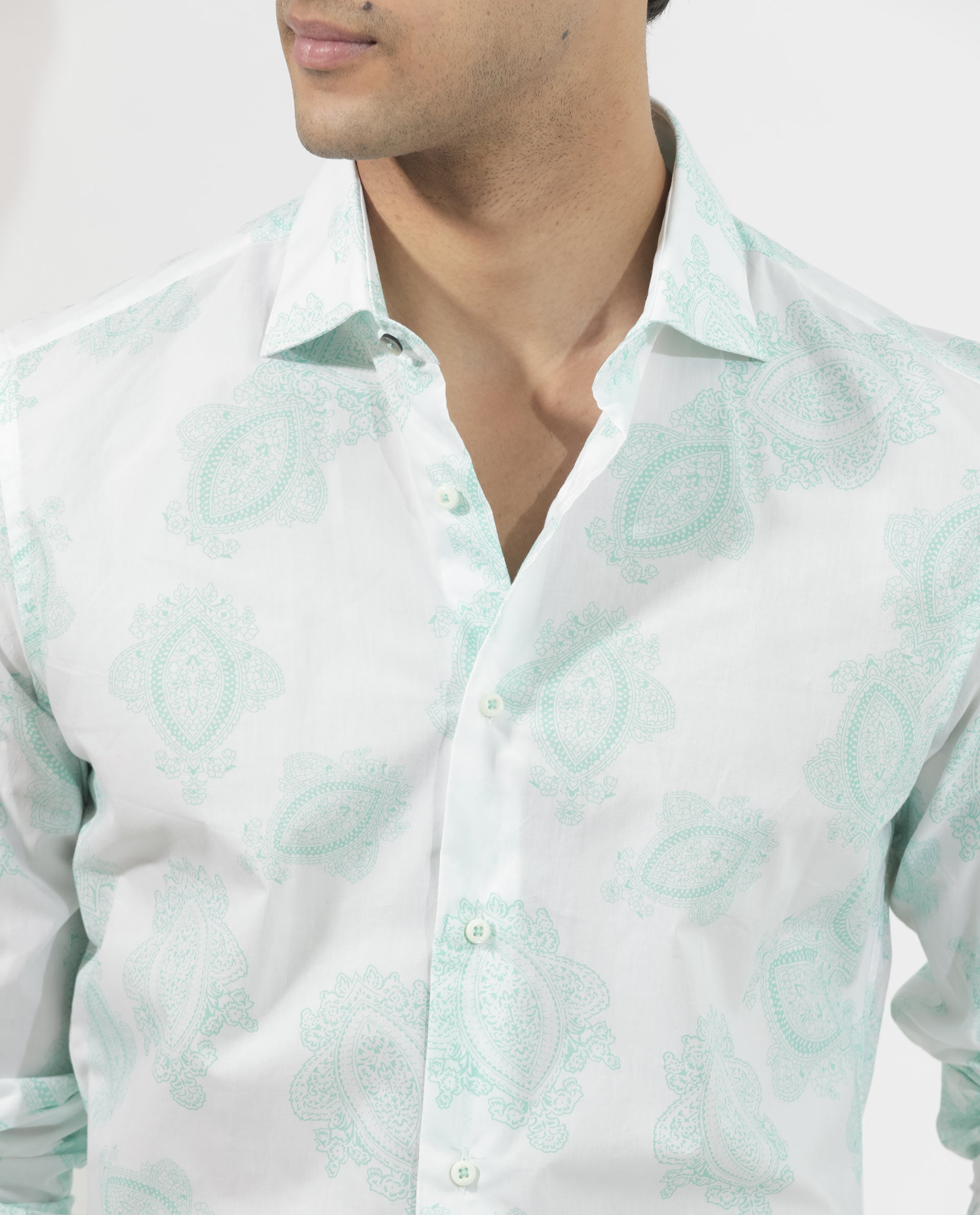 Rare Rabbit Men's Rojackk Turq Cotton Fabric Paisley Print Full Sleeves Shirt