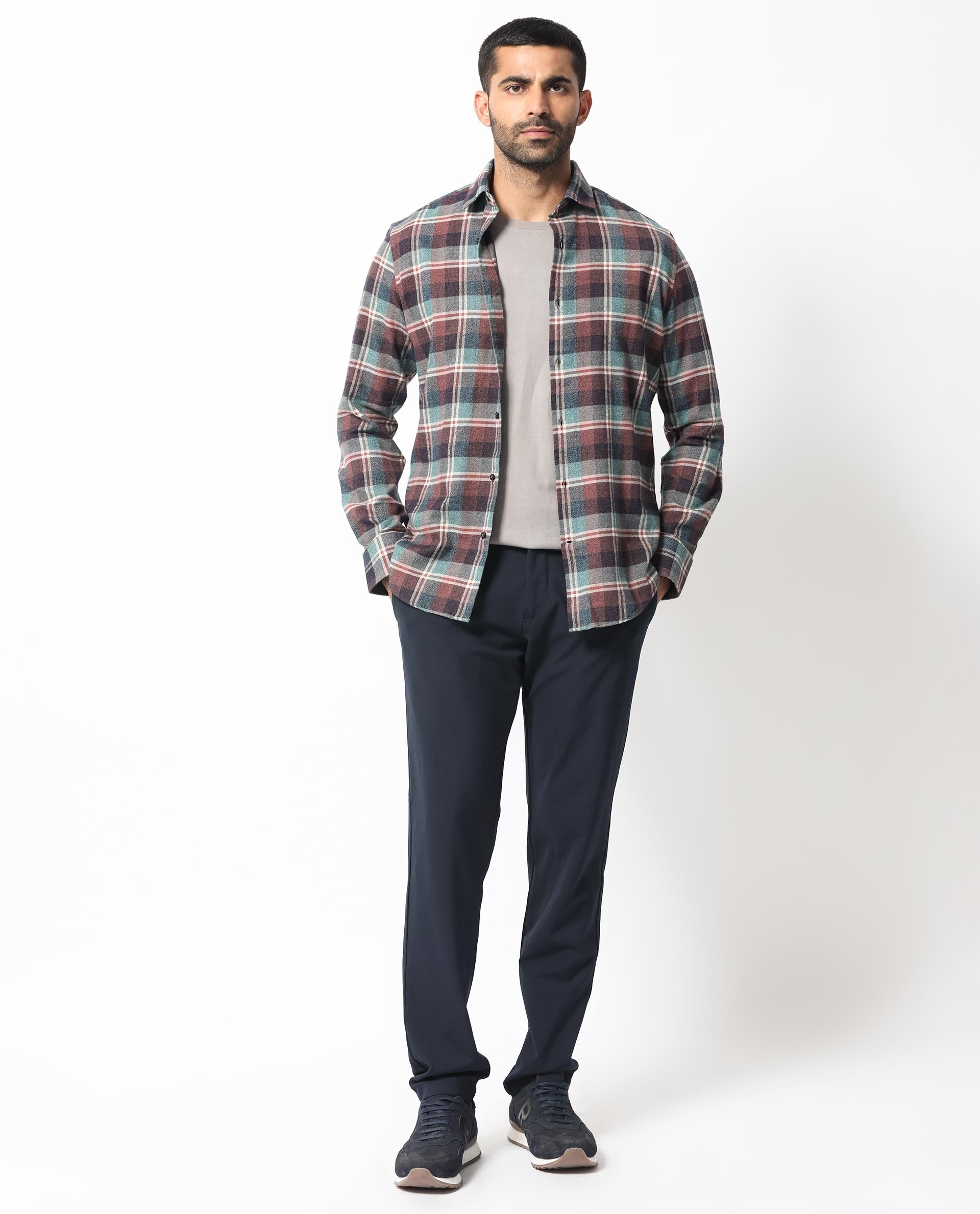 Rare Rabbit Men's Rojen Brown Cotton Fabric Full Sleeves Checks Shirt