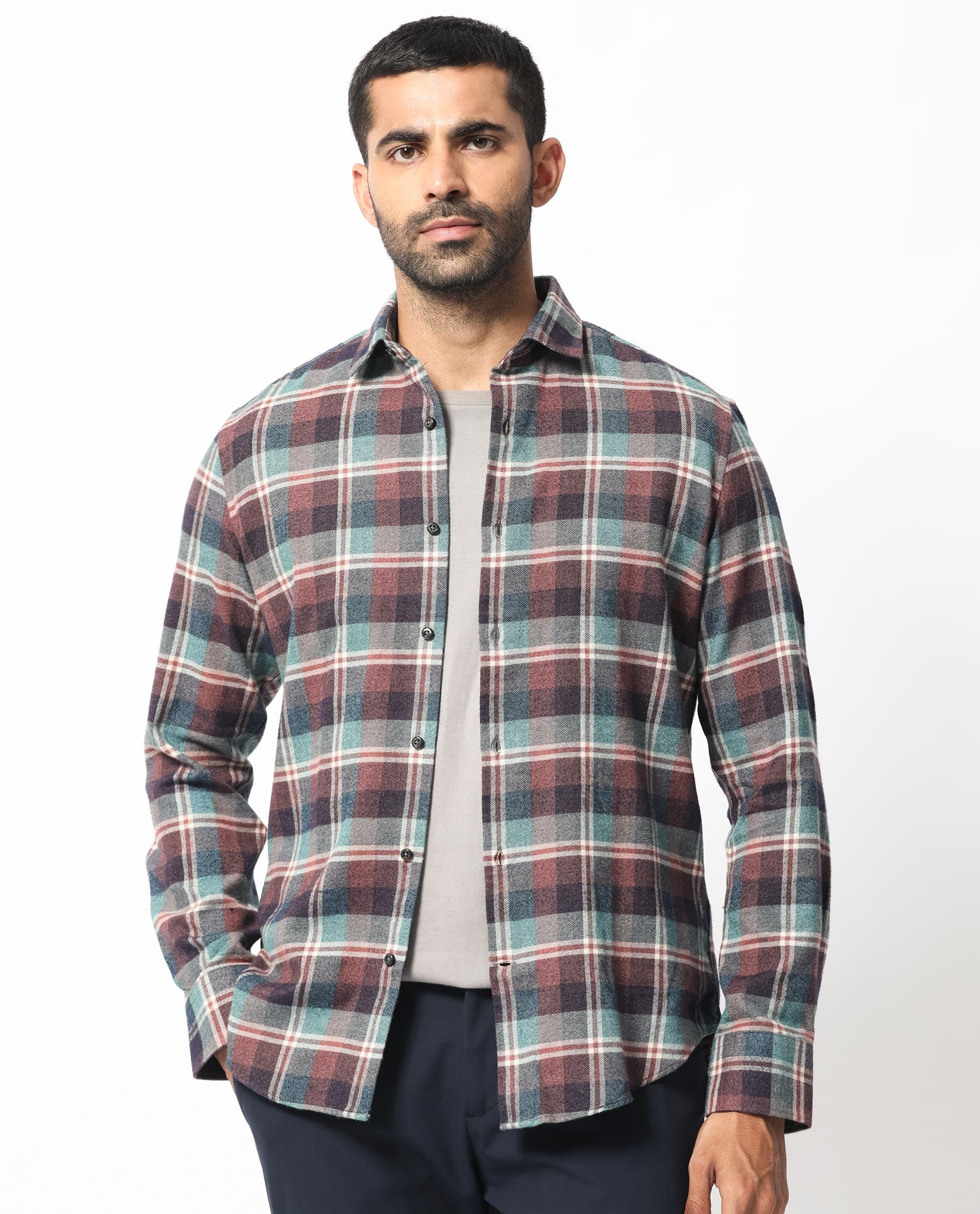 Rare Rabbit Men's Rojen Brown Cotton Fabric Full Sleeves Checks Shirt