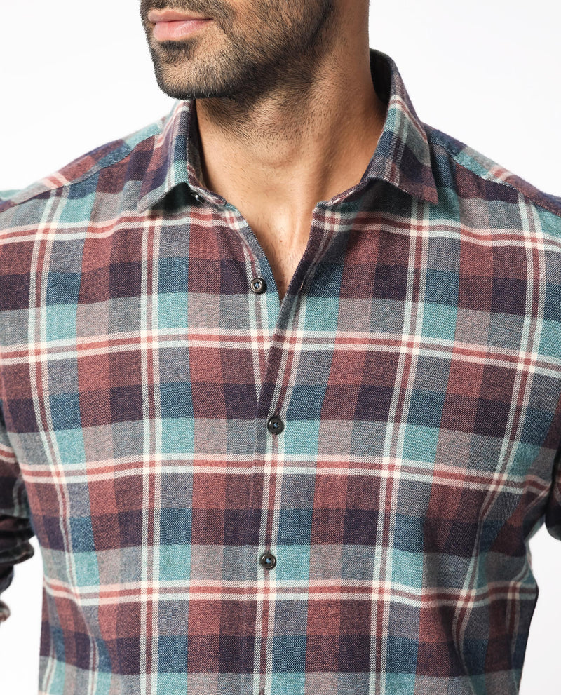 Rare Rabbit Men's Rojen Brown Cotton Fabric Full Sleeves Checks Shirt