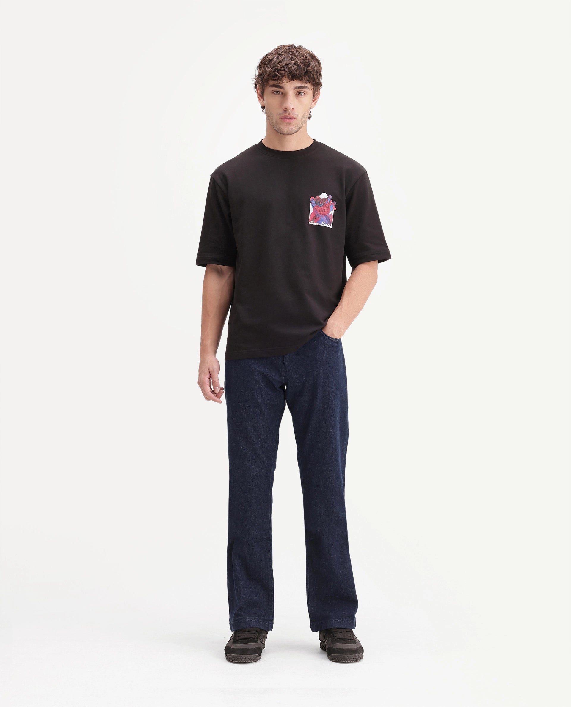 Rare Rabbit Men's Rokz Dark Navy Cotton Blend Knox Bootcut Plain Jeans