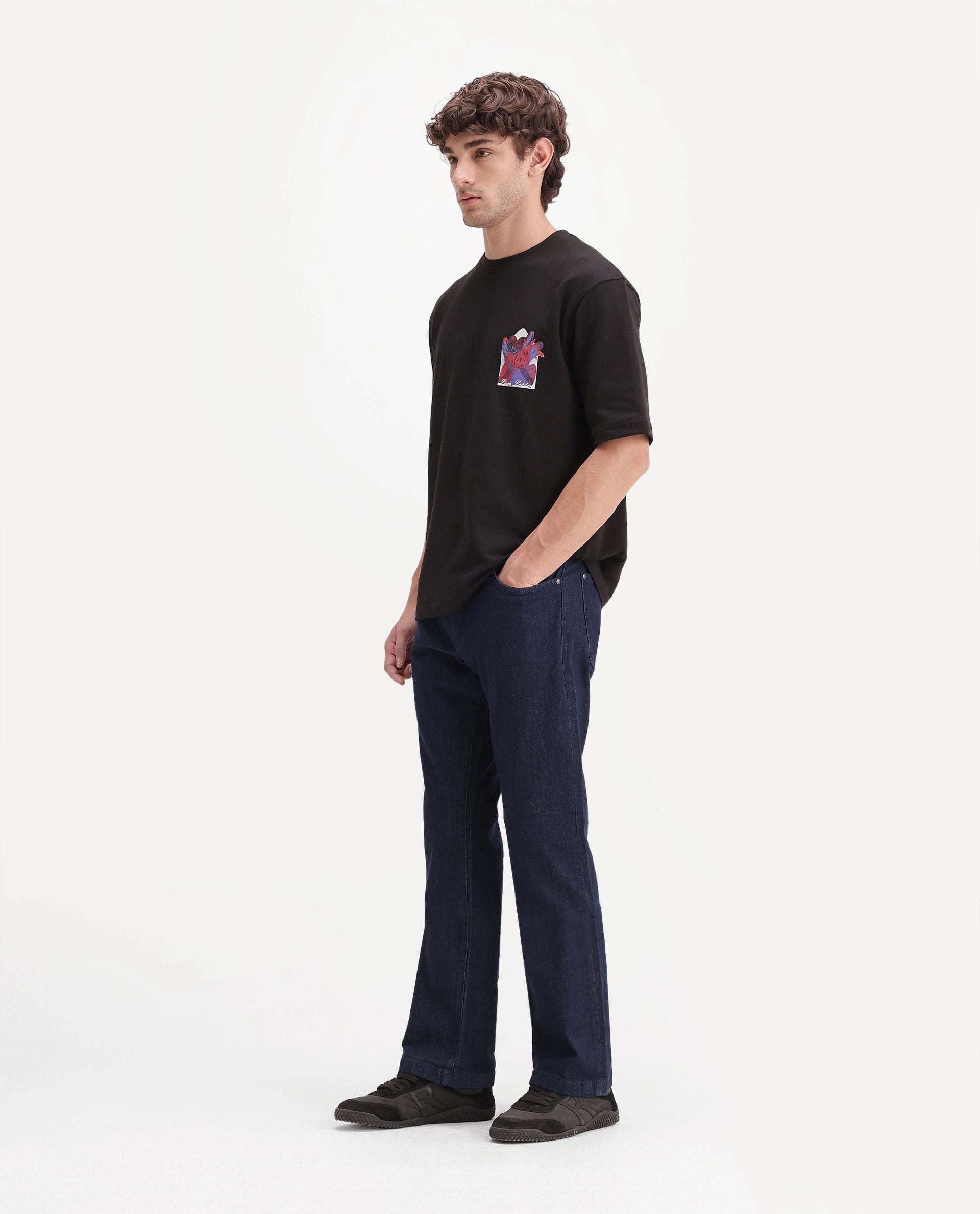 Rare Rabbit Men's Rokz Dark Navy Cotton Blend Knox Bootcut Plain Jeans