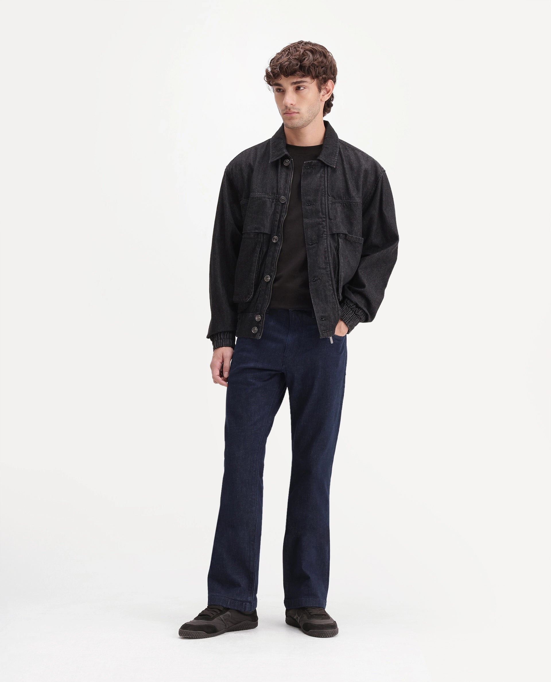 Rare Rabbit Men's Rokz Dark Navy Cotton Blend Knox Bootcut Plain Jeans
