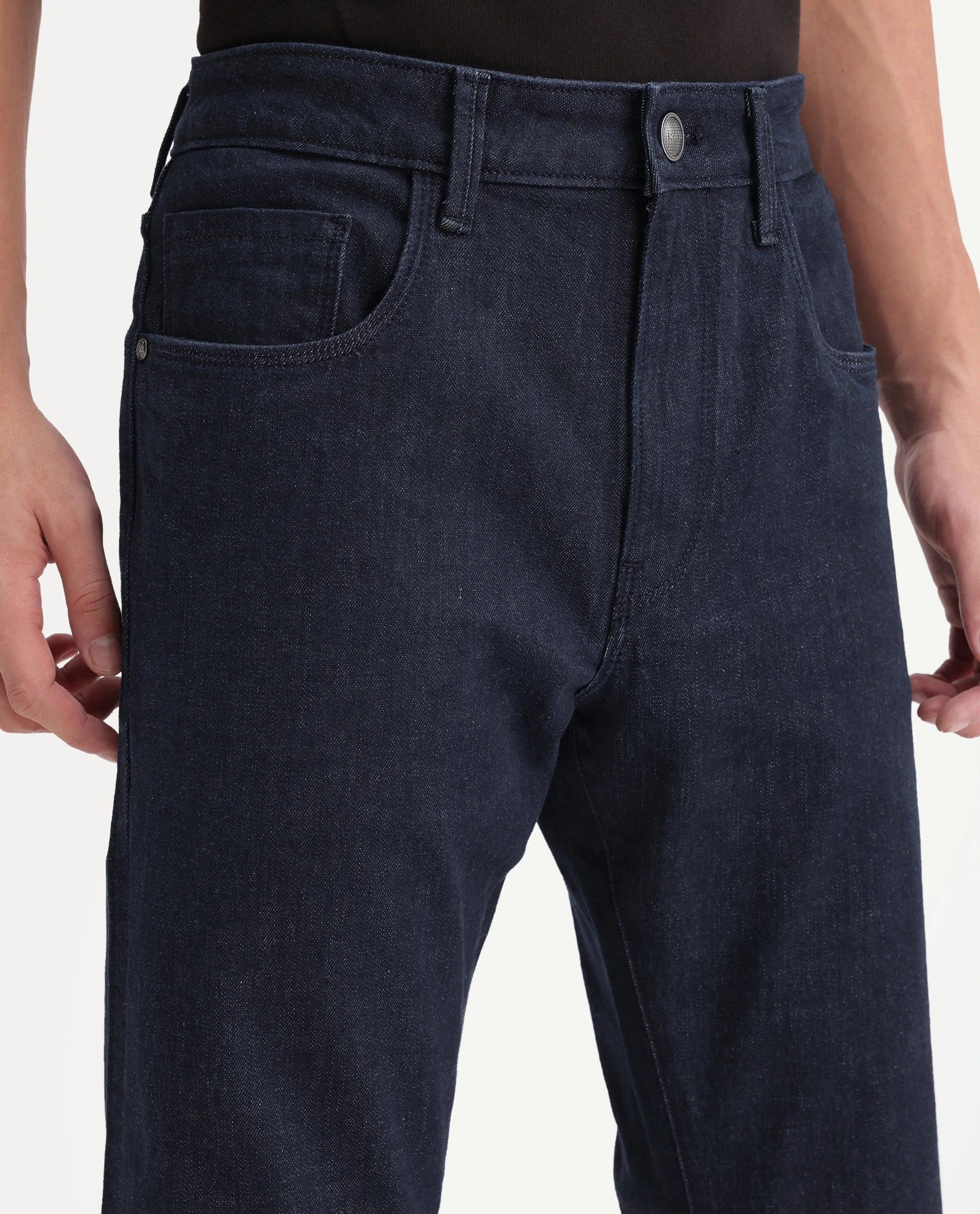 Rare Rabbit Men's Rokz Dark Navy Cotton Blend Knox Bootcut Plain Jeans