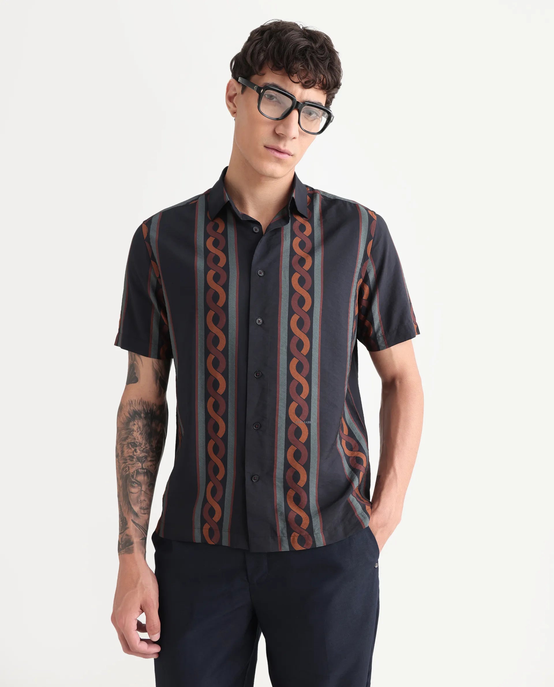 Rare Rabbit Men's Rold-1 Black Viscose Blend Geometric Print Relaxed Fit Half Sleeve Collared Shirt
