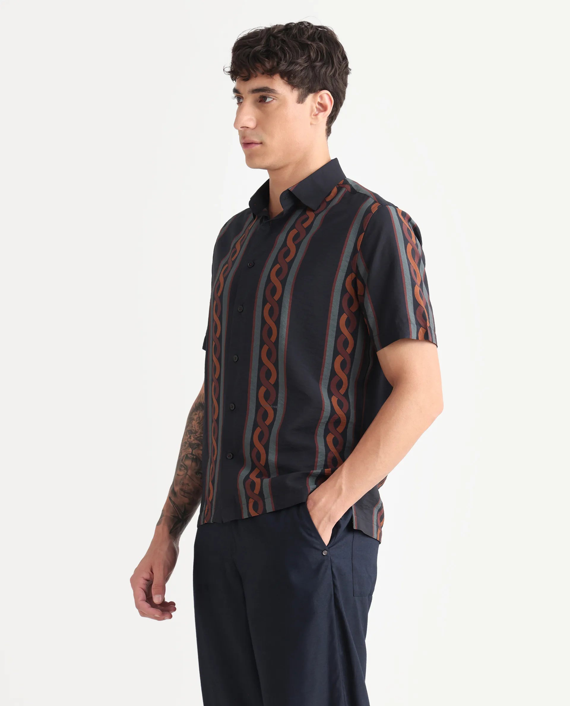 Rare Rabbit Men's Rold-1 Black Viscose Blend Geometric Print Relaxed Fit Half Sleeve Collared Shirt