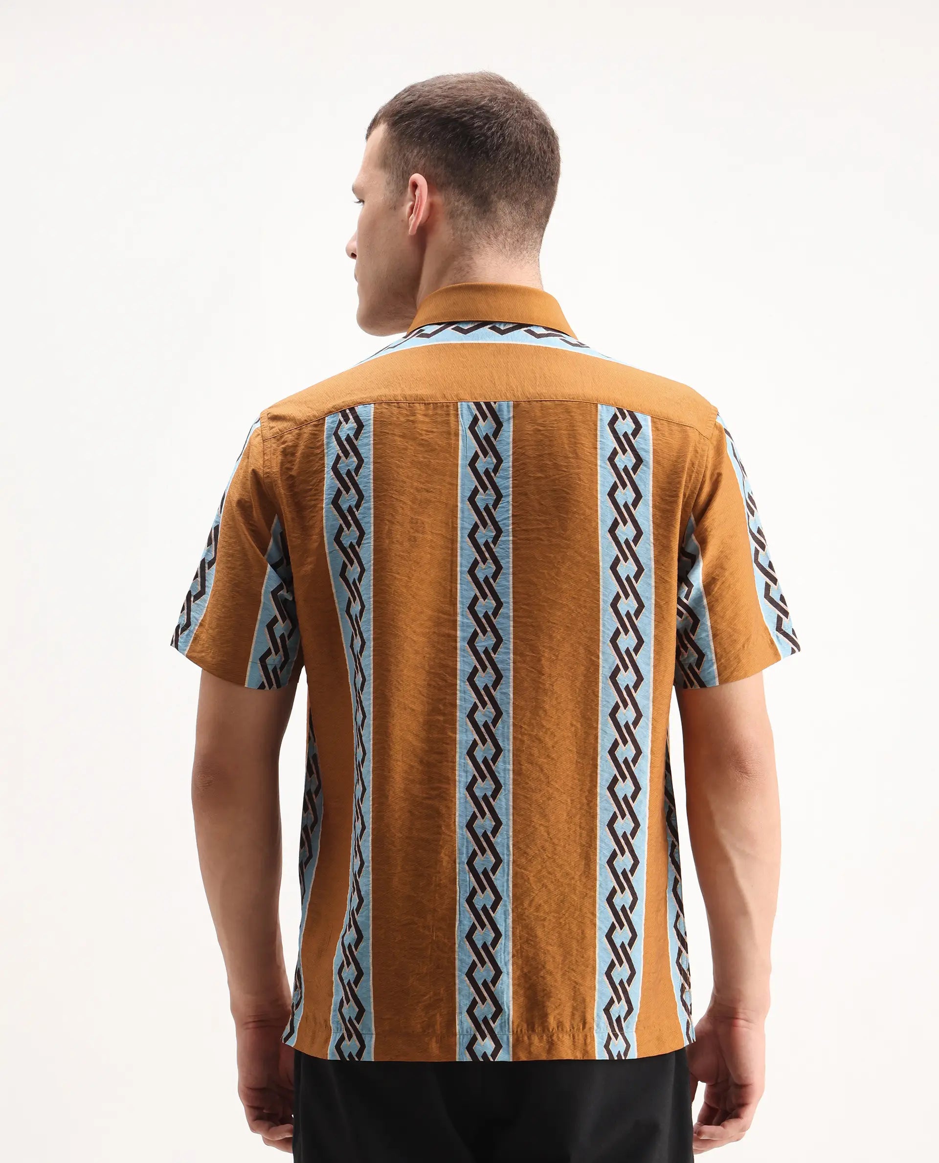 Rare Rabbit Men's Rold-2 Dusky Yellow Viscose Blend Geometric Print Relaxed Fit Half Sleeve Collared Shirt