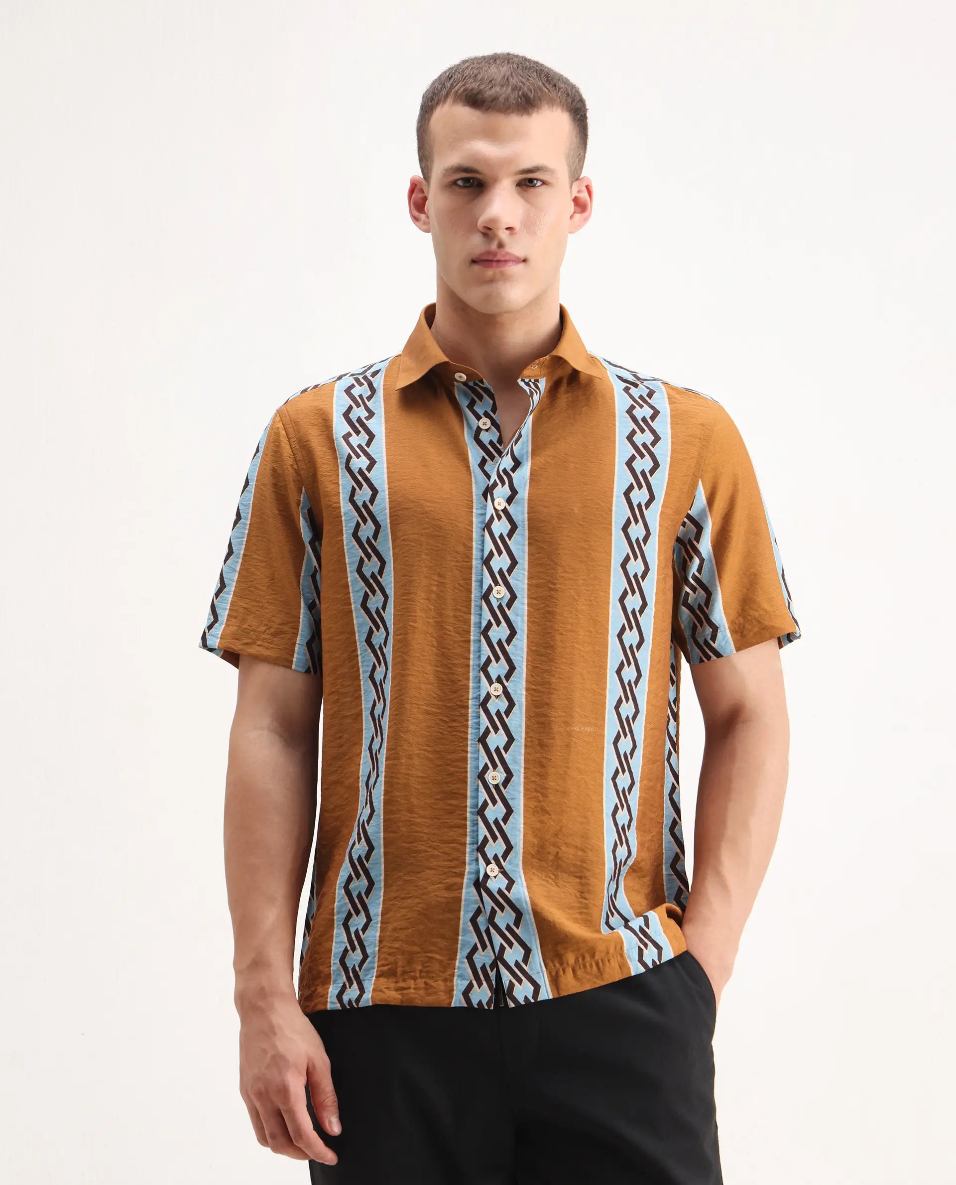 Rare Rabbit Men's Rold-2 Dusky Yellow Viscose Blend Geometric Print Relaxed Fit Half Sleeve Collared Shirt