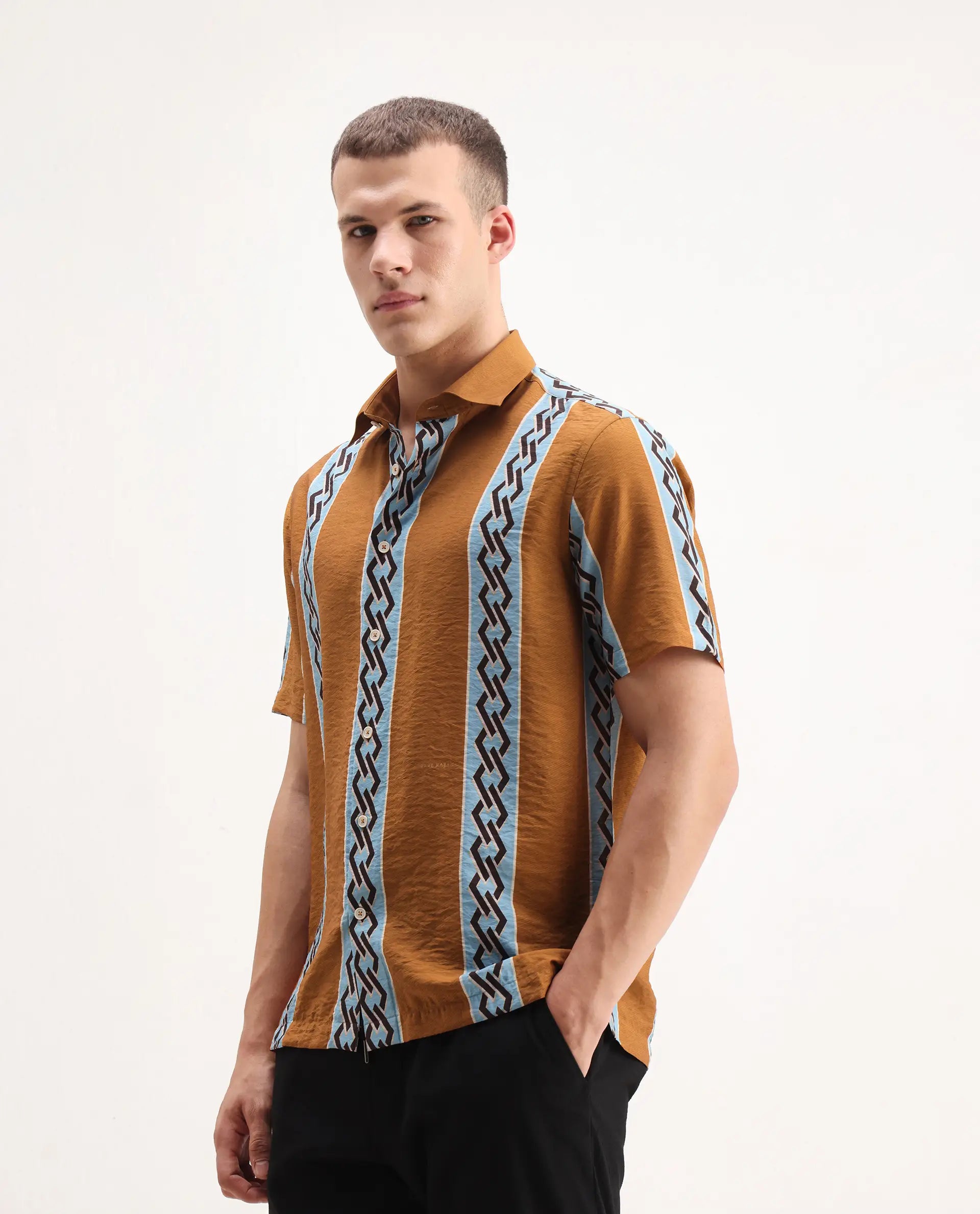 Rare Rabbit Men's Rold-2 Dusky Yellow Viscose Blend Geometric Print Relaxed Fit Half Sleeve Collared Shirt