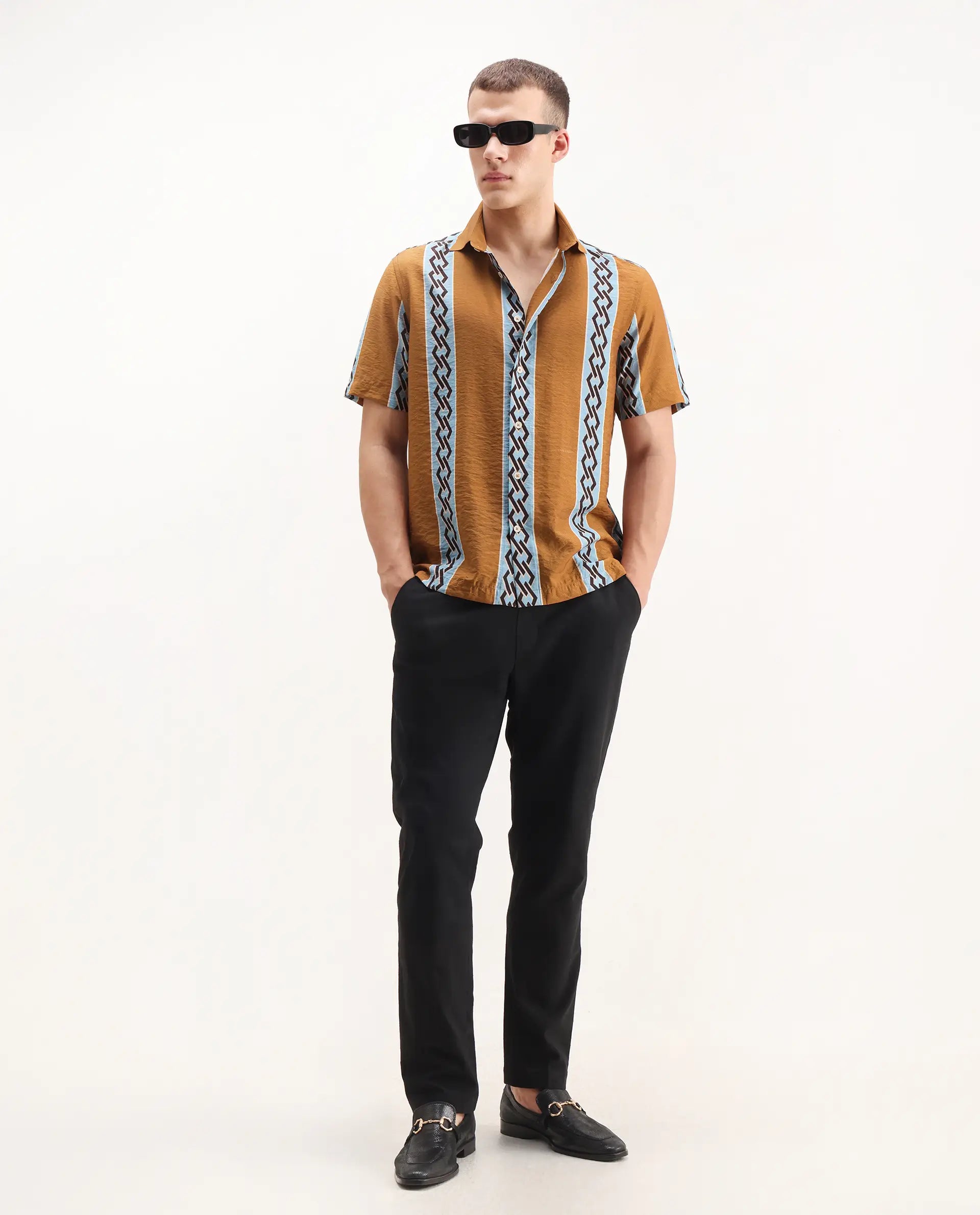 Rare Rabbit Men's Rold-2 Dusky Yellow Viscose Blend Geometric Print Relaxed Fit Half Sleeve Collared Shirt