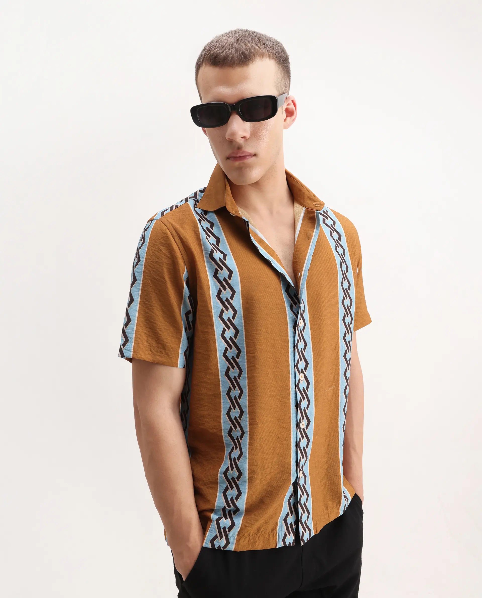 Rare Rabbit Men's Rold-2 Dusky Yellow Viscose Blend Geometric Print Relaxed Fit Half Sleeve Collared Shirt