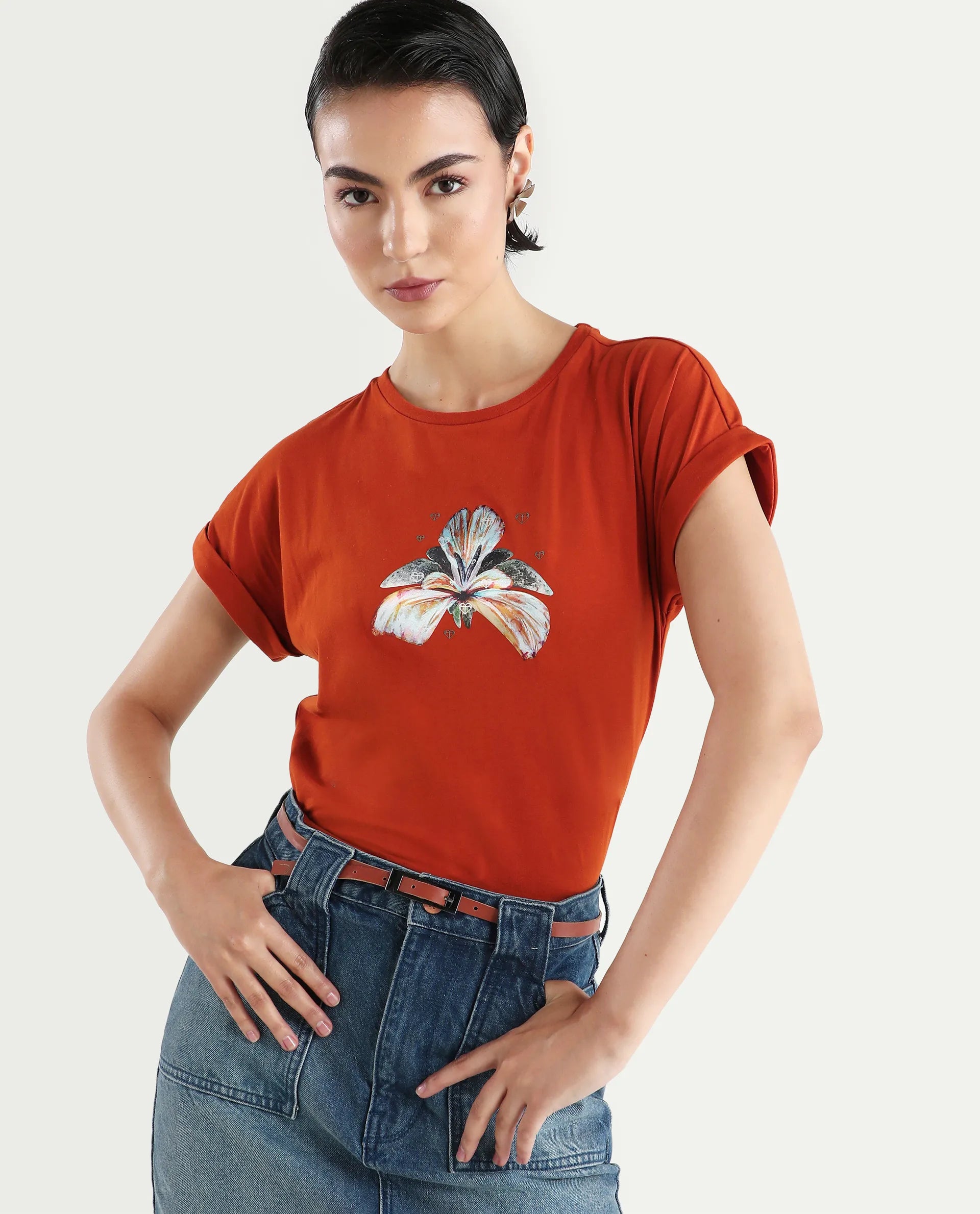 Rareism Women's Rolfer Rust Cotton Blend Crew Neck Graphic Print Extended Sleeves Relaxed Fit T-Shirt