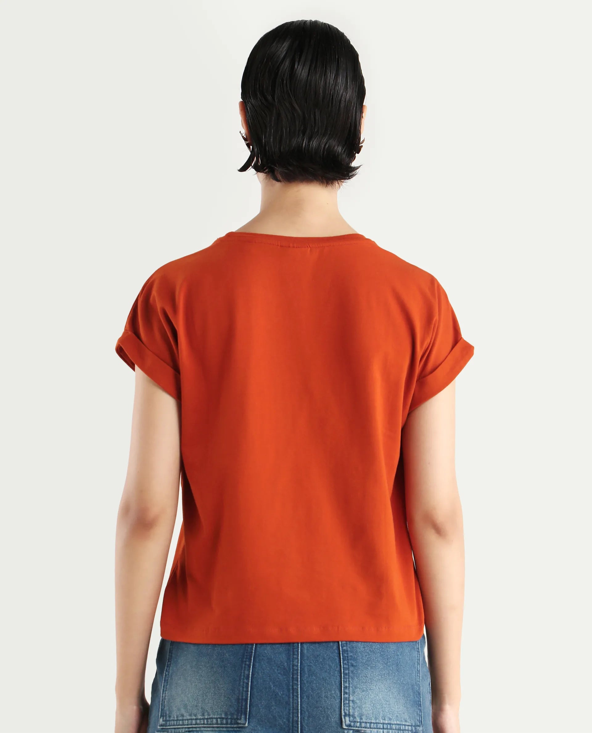 Rareism Women's Rolfer Rust Cotton Blend Crew Neck Graphic Print Extended Sleeves Relaxed Fit T-Shirt