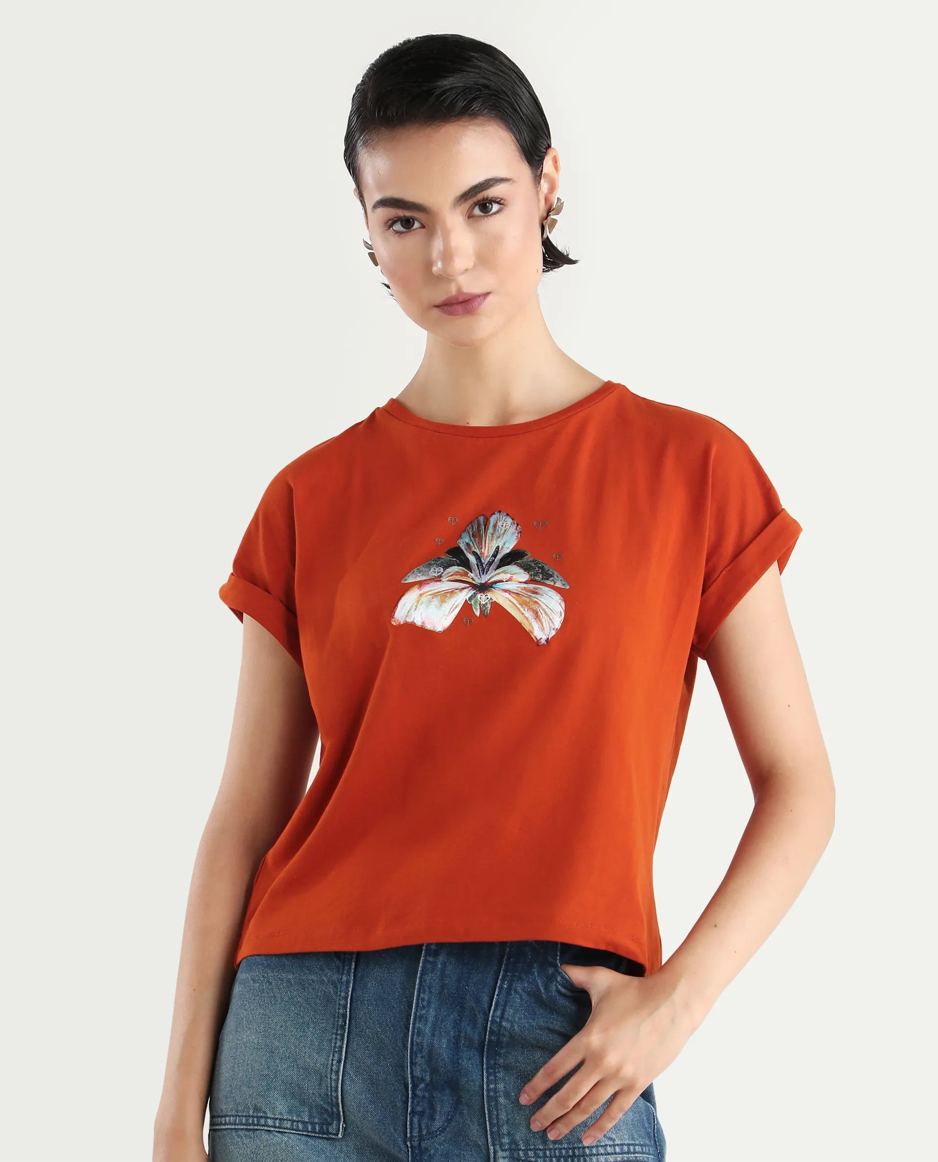 Rareism Women's Rolfer Rust Cotton Blend Crew Neck Graphic Print Extended Sleeves Relaxed Fit T-Shirt