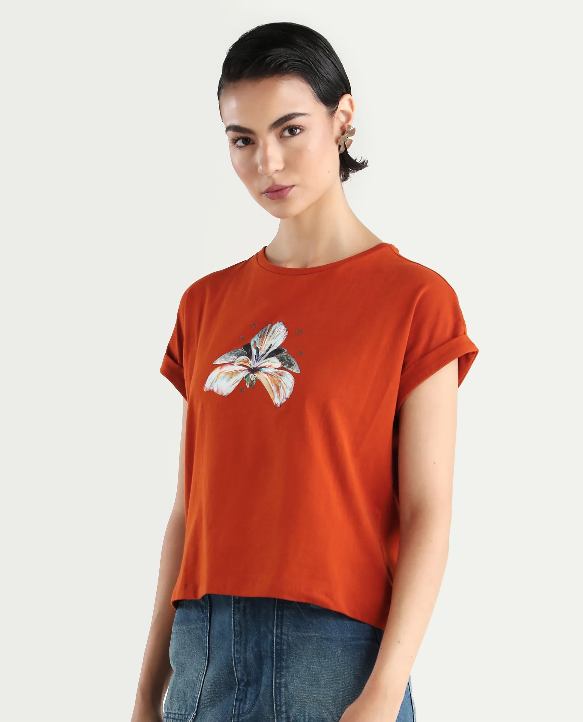 Rareism Women's Rolfer Rust Cotton Blend Crew Neck Graphic Print Extended Sleeves Relaxed Fit T-Shirt