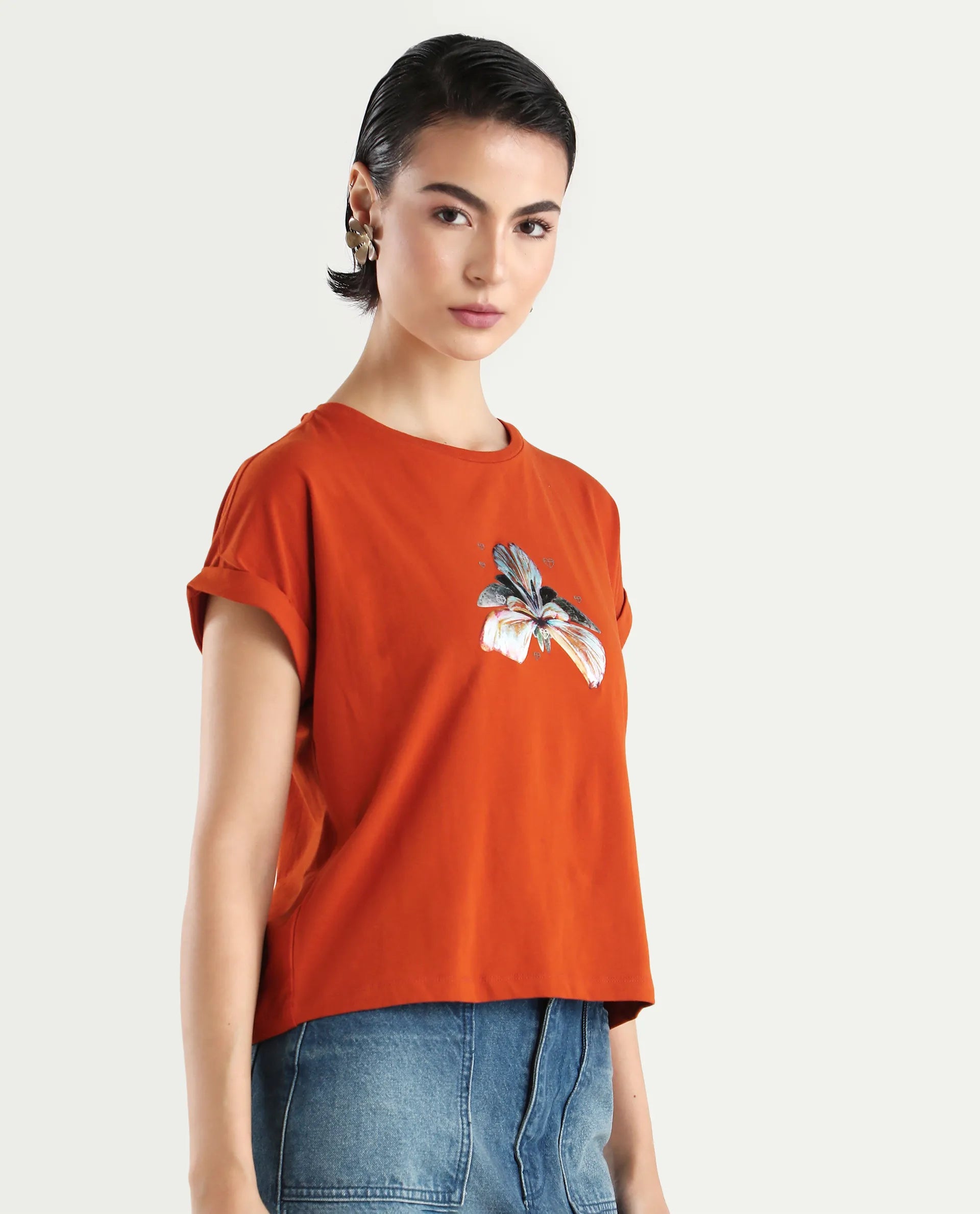 Rareism Women's Rolfer Rust Cotton Blend Crew Neck Graphic Print Extended Sleeves Relaxed Fit T-Shirt