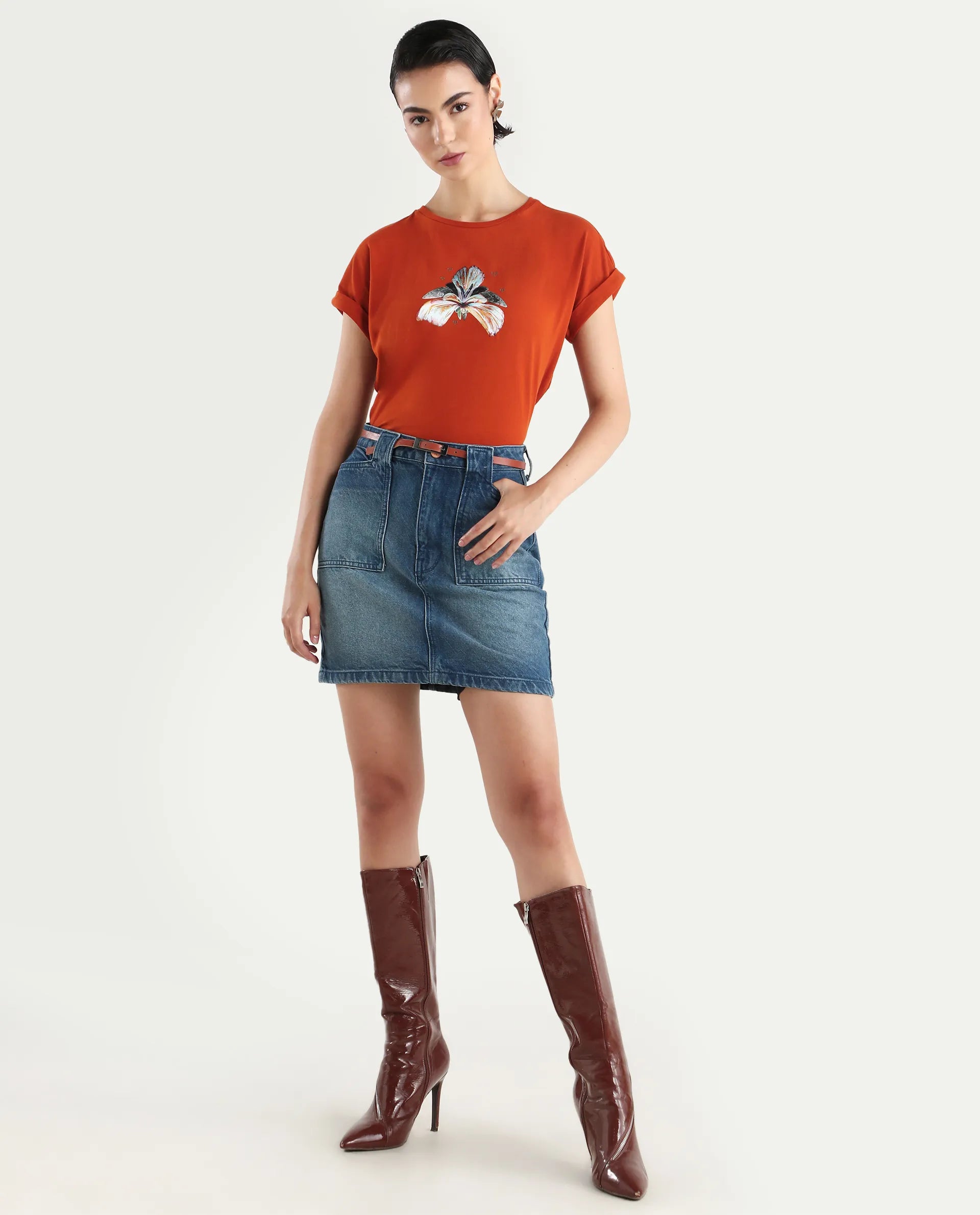 Rareism Women's Rolfer Rust Cotton Blend Crew Neck Graphic Print Extended Sleeves Relaxed Fit T-Shirt