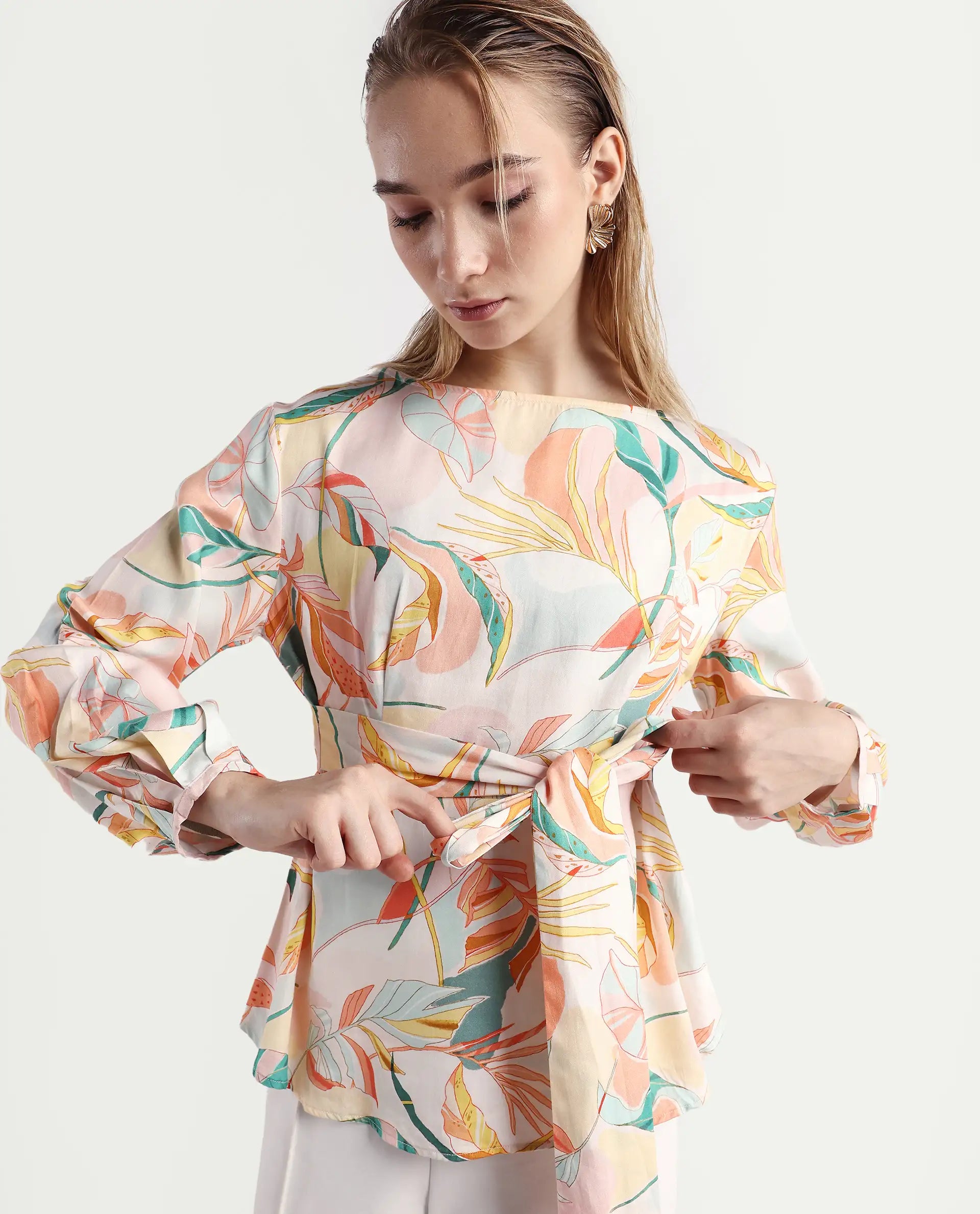 Rareism Women's Rolina Multi Cotton Boat Neck Abstract Print Regular Fit Top