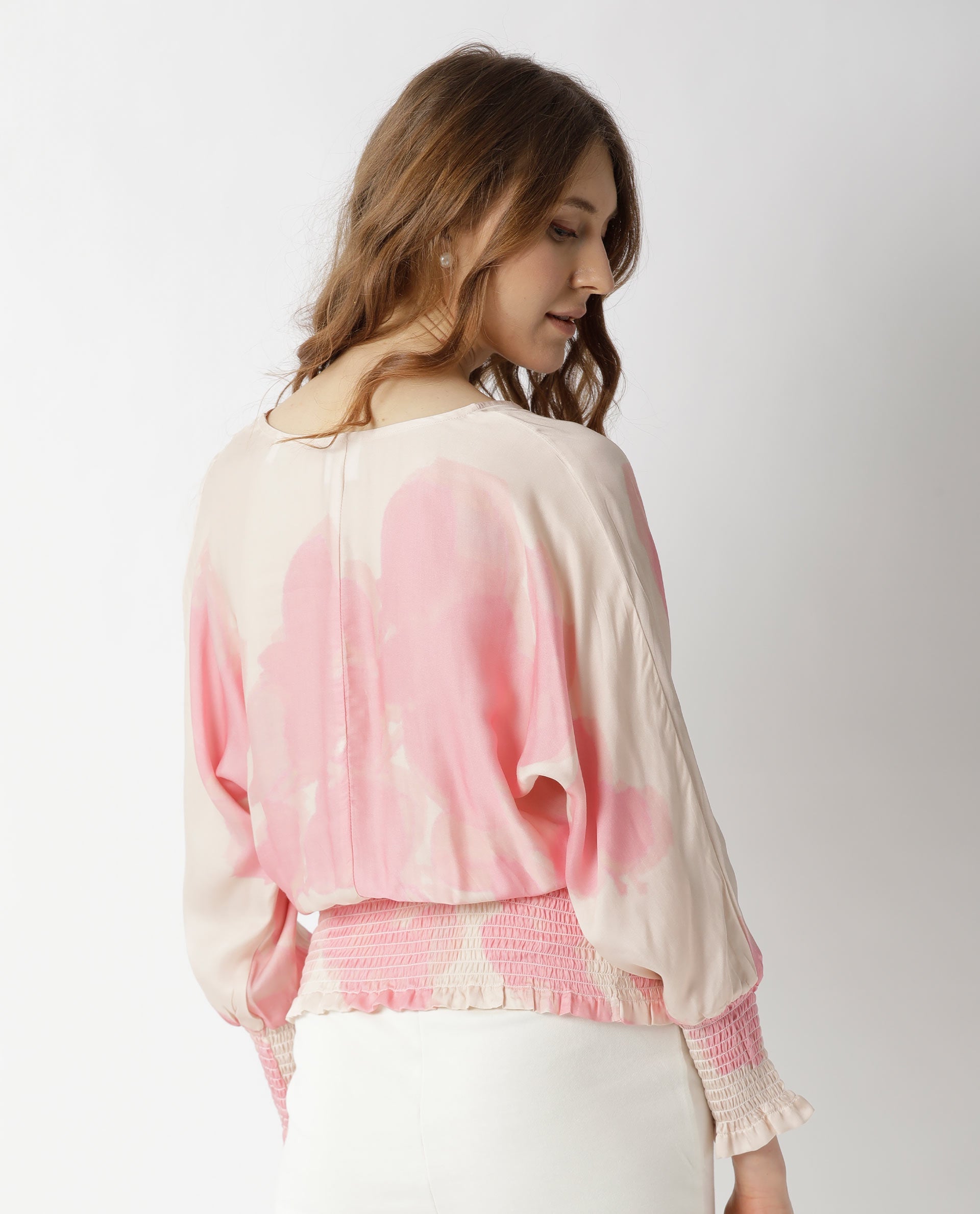 Rareism Womens Rollon Beige Top Modal Satin Fabric Regular Fit Batwing Sleeve V Neck