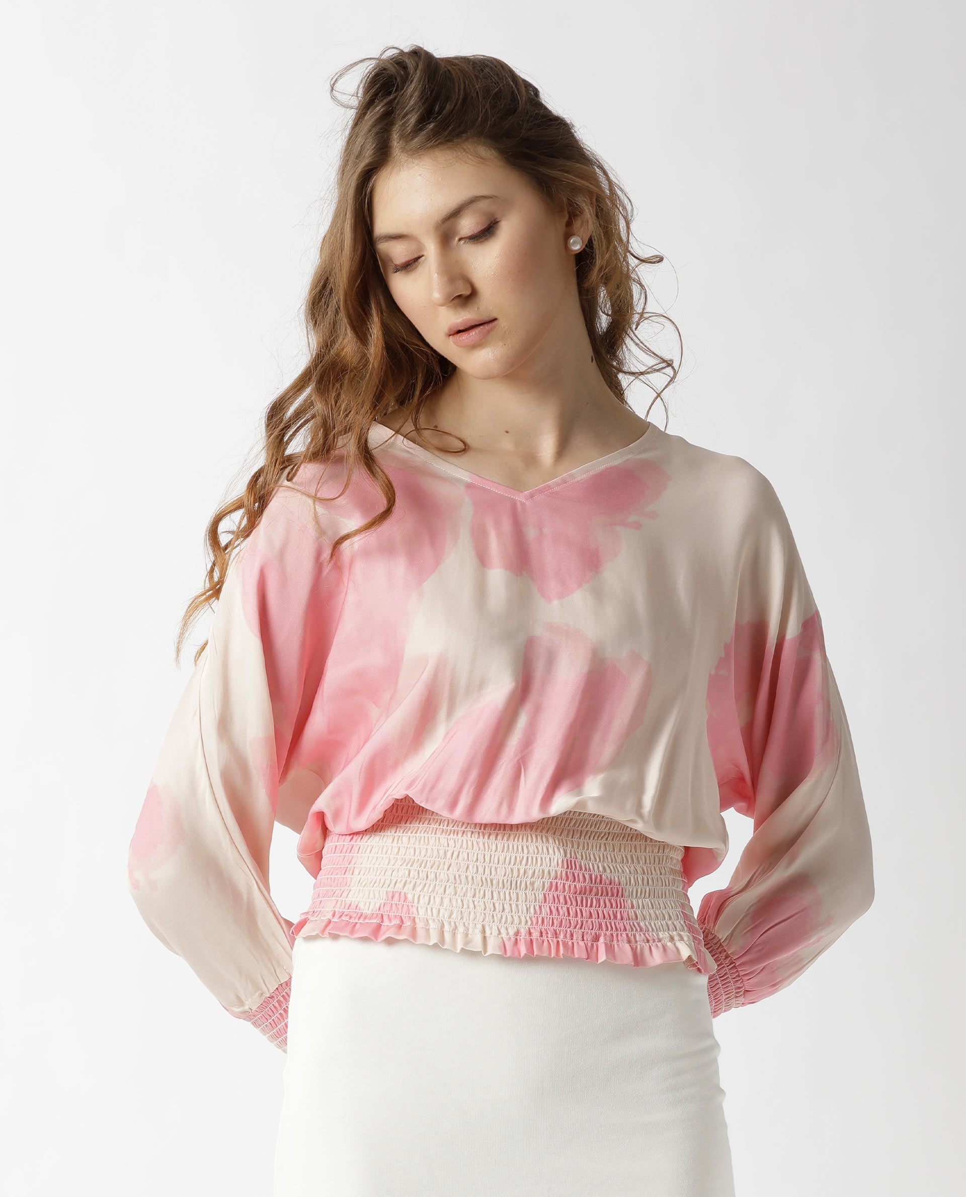 Rareism Womens Rollon Beige Top Modal Satin Fabric Regular Fit Batwing Sleeve V Neck