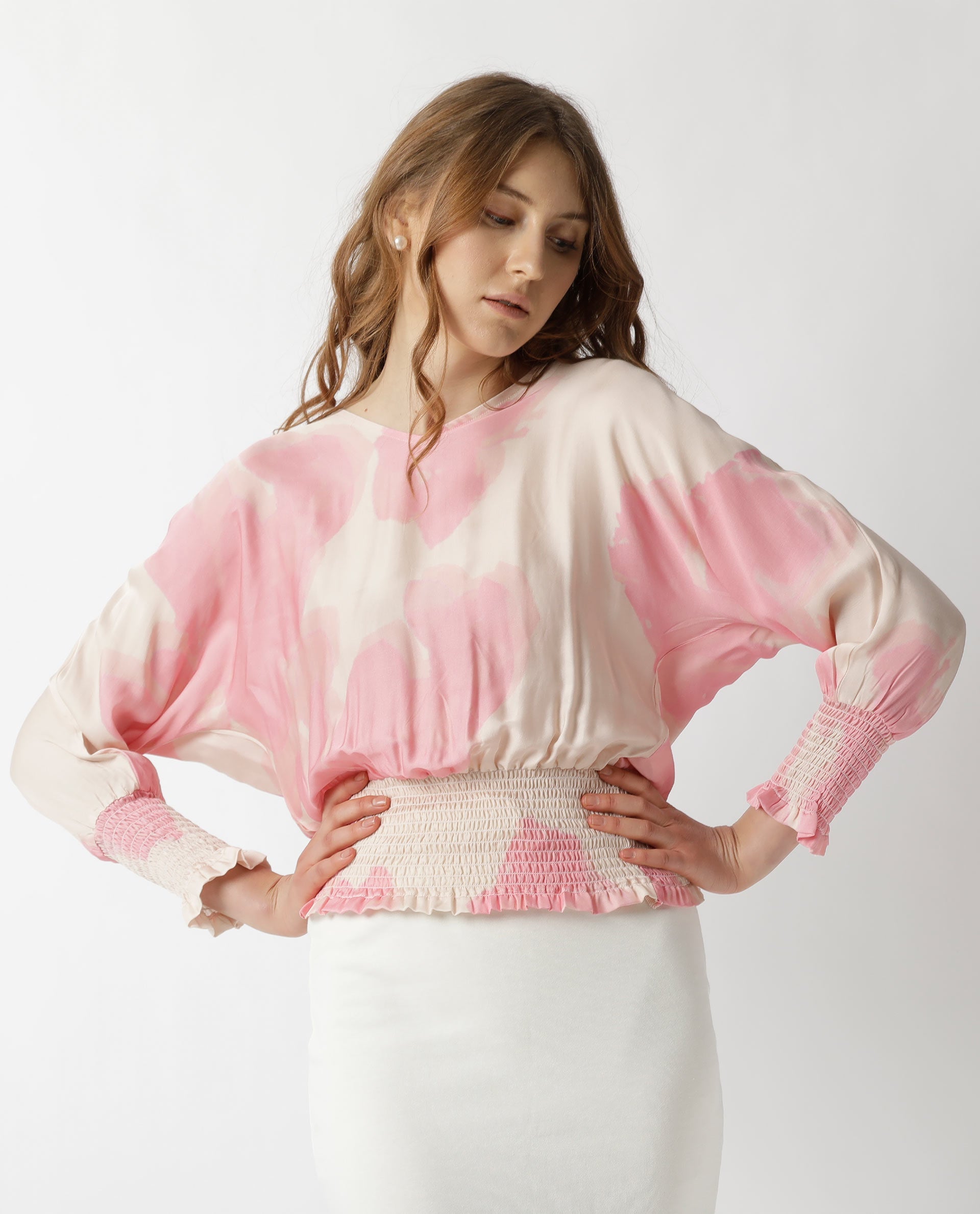 Rareism Womens Rollon Beige Top Modal Satin Fabric Regular Fit Batwing Sleeve V Neck