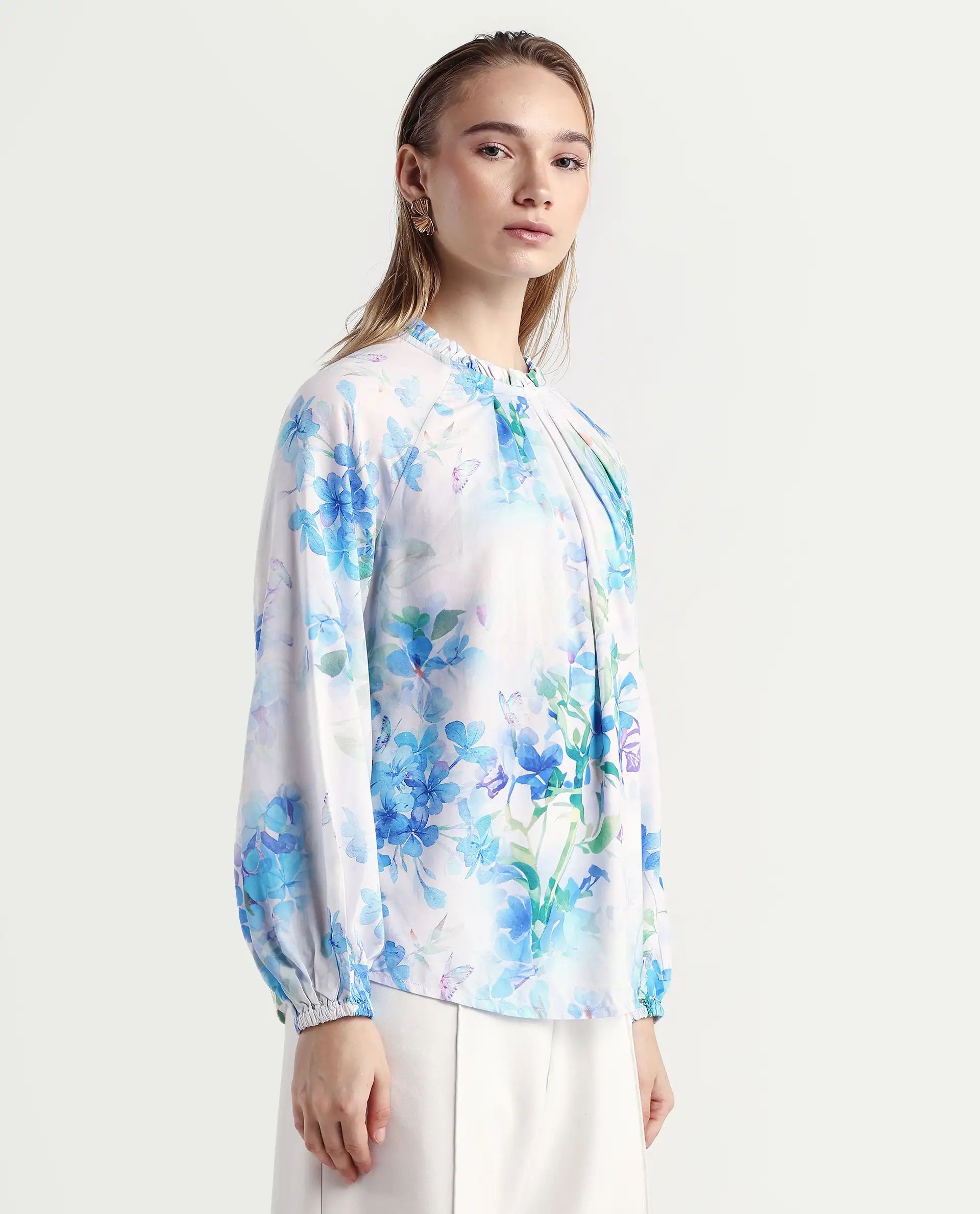 Rareism Women's Rome Light Blue Viscose Crew Neck Floral Print Raglan Sleeve Regular Fit Top