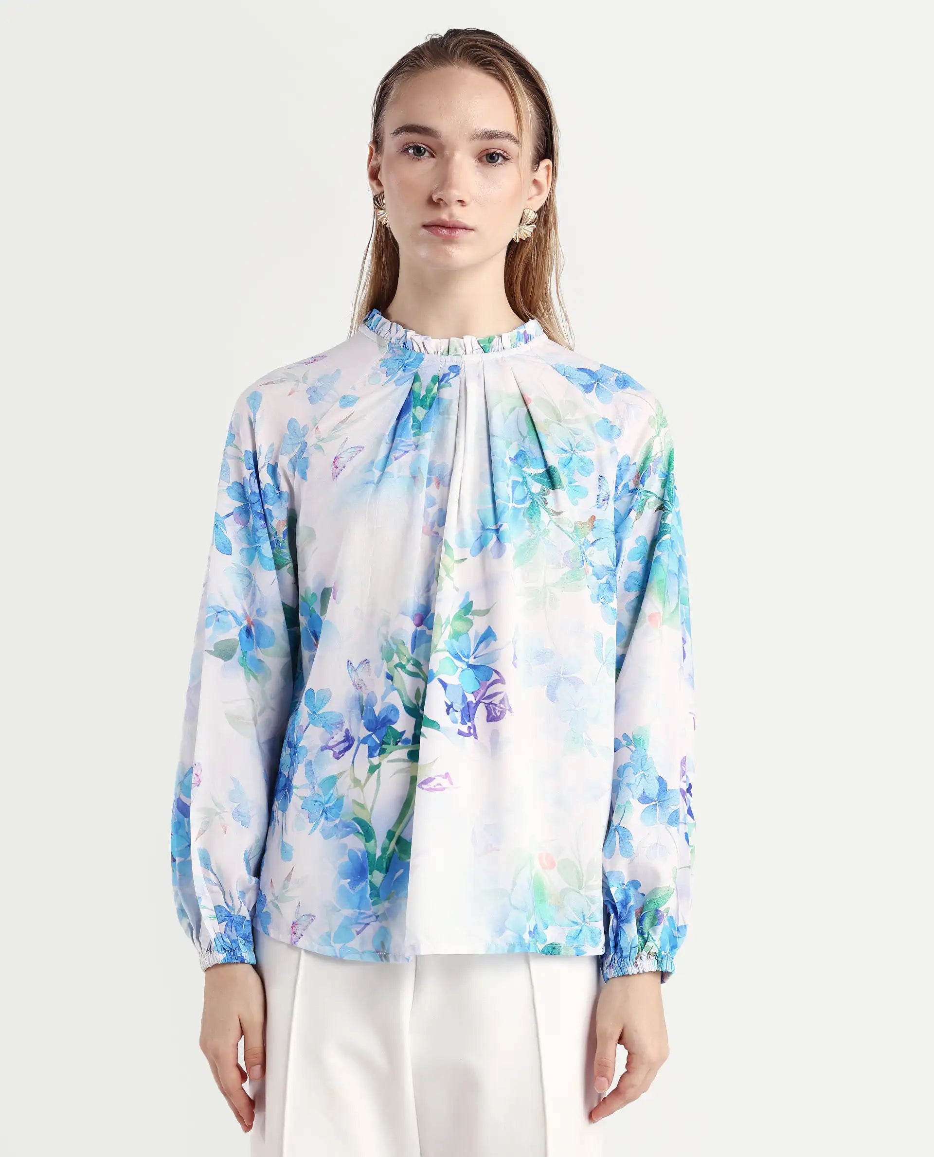 Rareism Women's Rome Light Blue Viscose Crew Neck Floral Print Raglan Sleeve Regular Fit Top