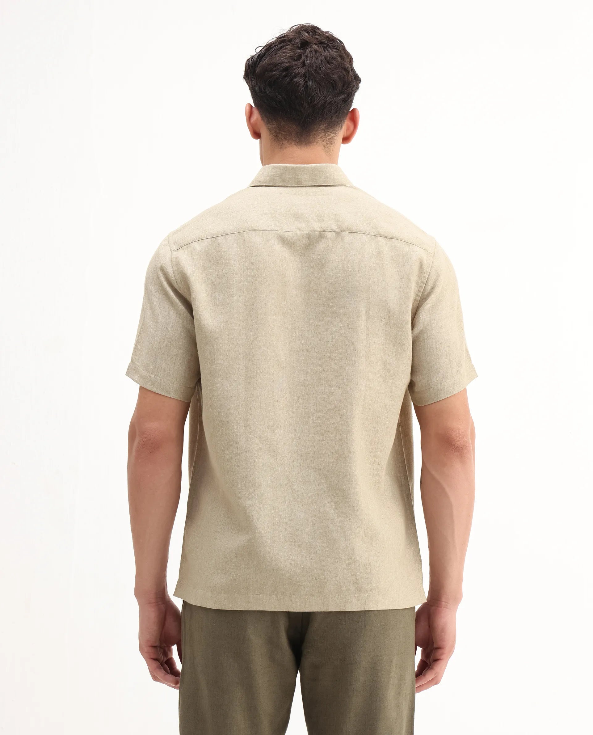 Rare Rabbit Men's Rome-Ss - Dusky Beige Polyester Plain Regular Fit Half Sleeve Collared Shirt